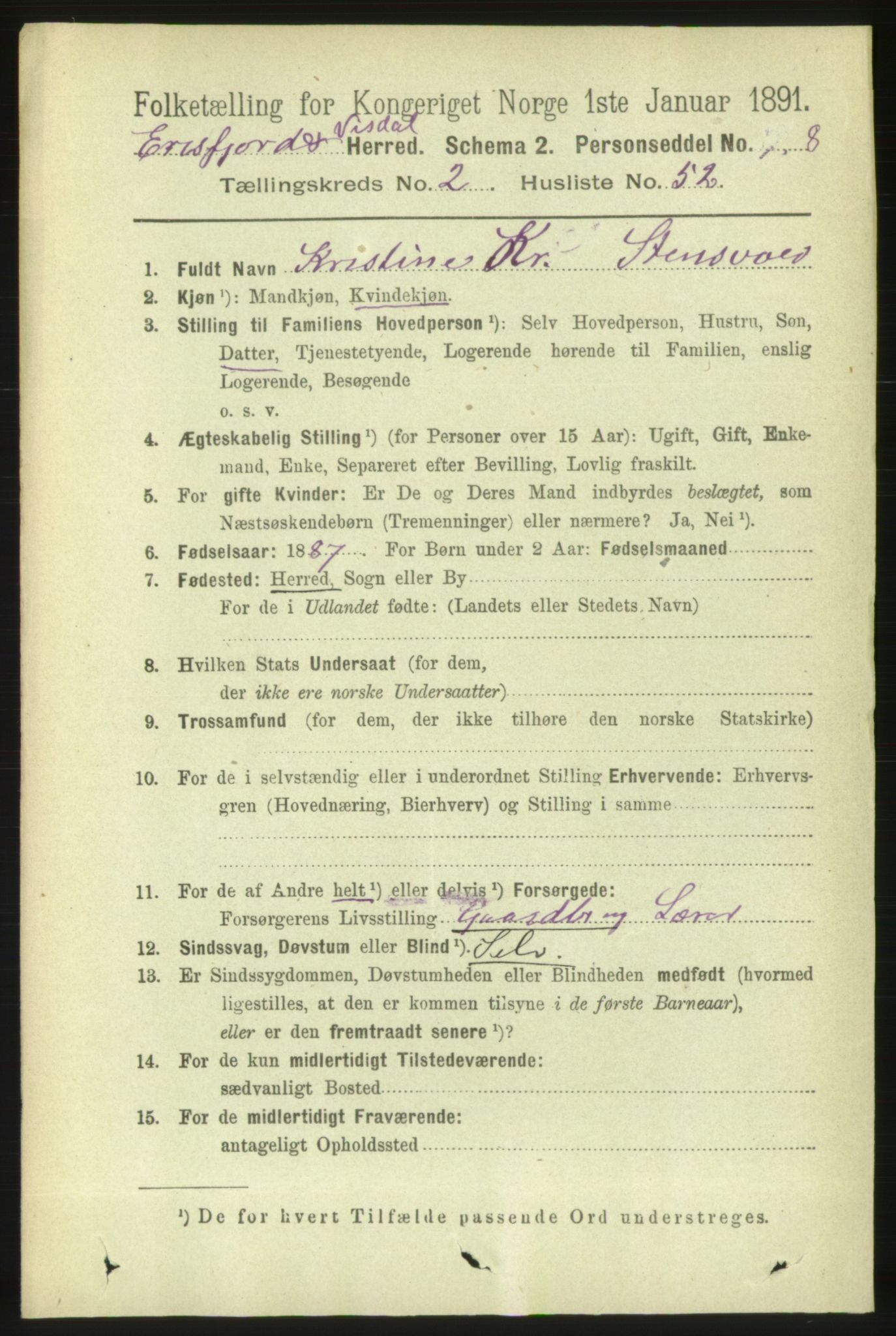 RA, 1891 census for 1542 Eresfjord og Vistdal, 1891, p. 593