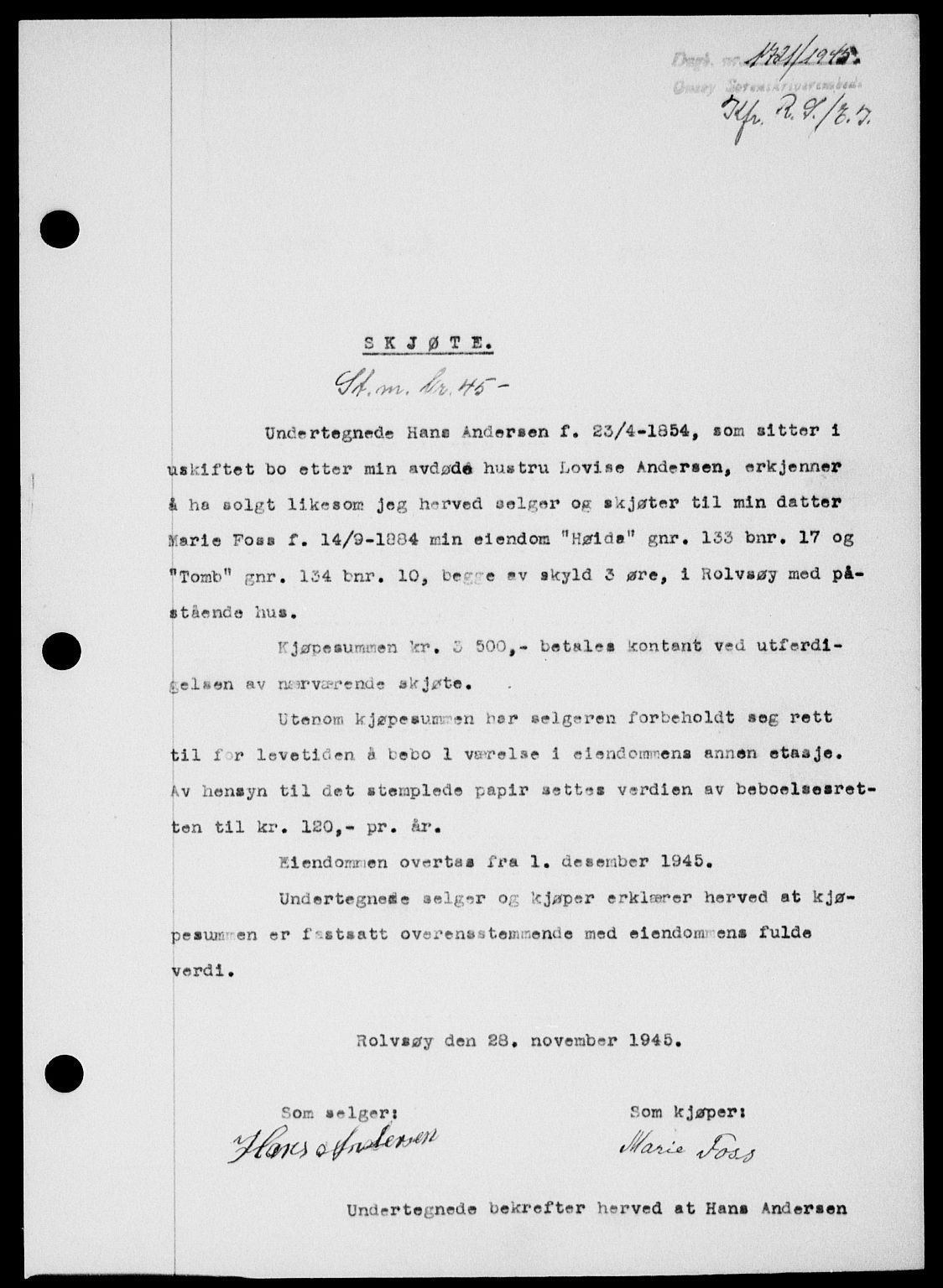 Onsøy sorenskriveri, SAO/A-10474/G/Ga/Gab/L0015: Mortgage book no. II A-15, 1945-1946, Diary no: : 1721/1945