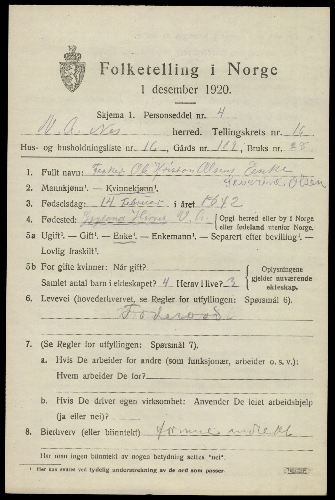 SAK, 1920 census for Nes (V-A), 1920, p. 5910