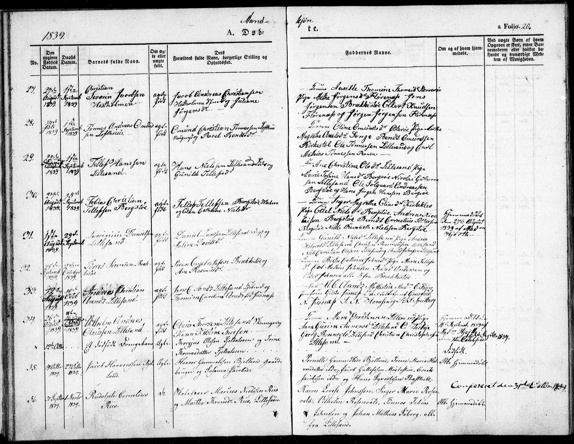 Vestre Moland sokneprestkontor, AV/SAK-1111-0046/F/Fb/Fbb/L0002: Parish register (copy) no. B 2, 1836-1851, p. 20