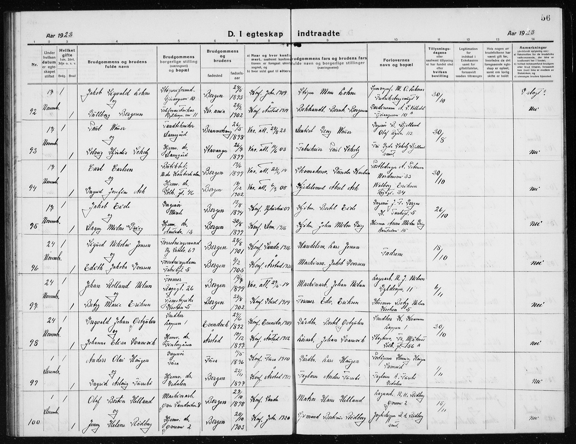 Årstad Sokneprestembete, AV/SAB-A-79301/H/Hab/L0020: Parish register (copy) no. C  2, 1920-1935, p. 56