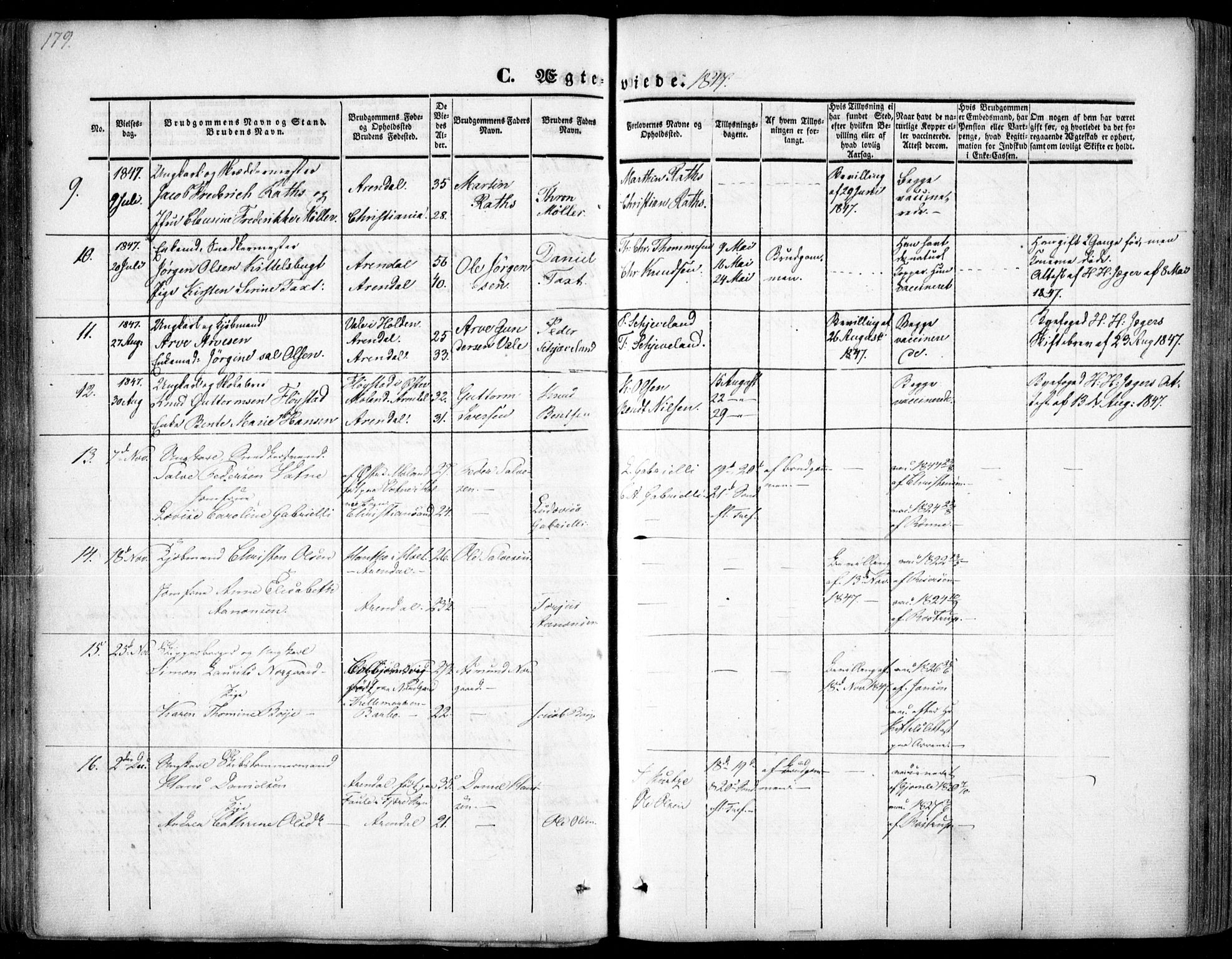 Arendal sokneprestkontor, Trefoldighet, AV/SAK-1111-0040/F/Fa/L0005: Parish register (official) no. A 5, 1838-1854, p. 179