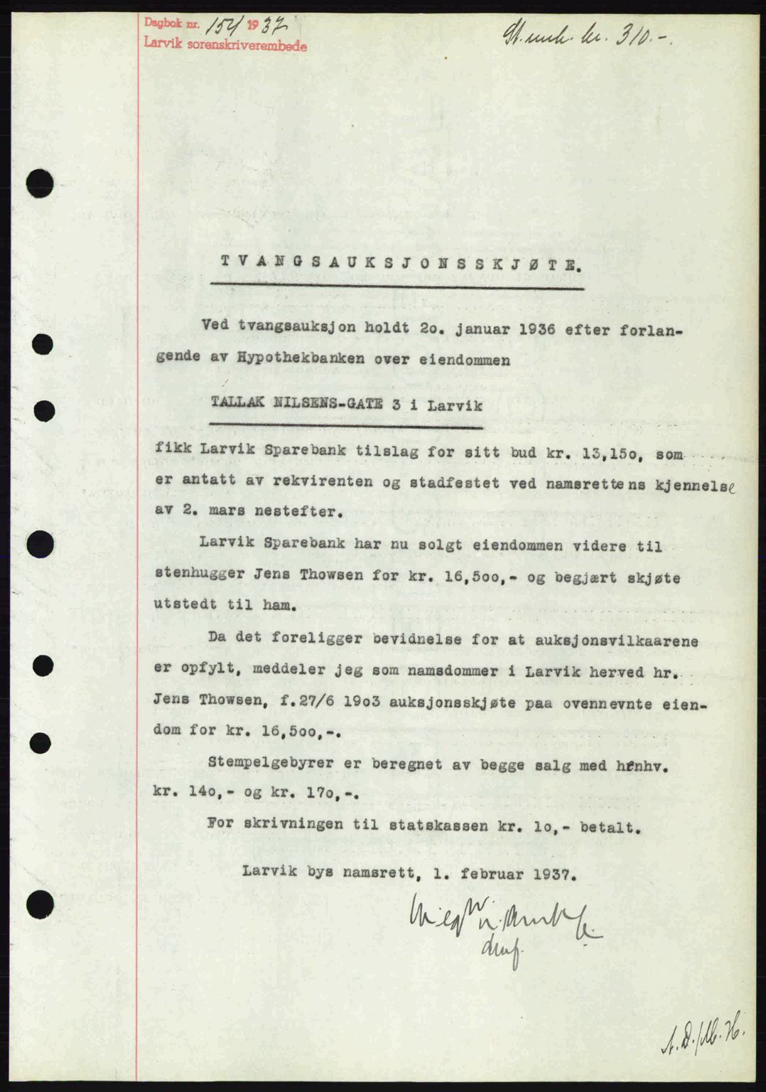 Larvik sorenskriveri, SAKO/A-83/G/Ga/Gab/L0067: Mortgage book no. A-1, 1936-1937, Diary no: : 154/1937