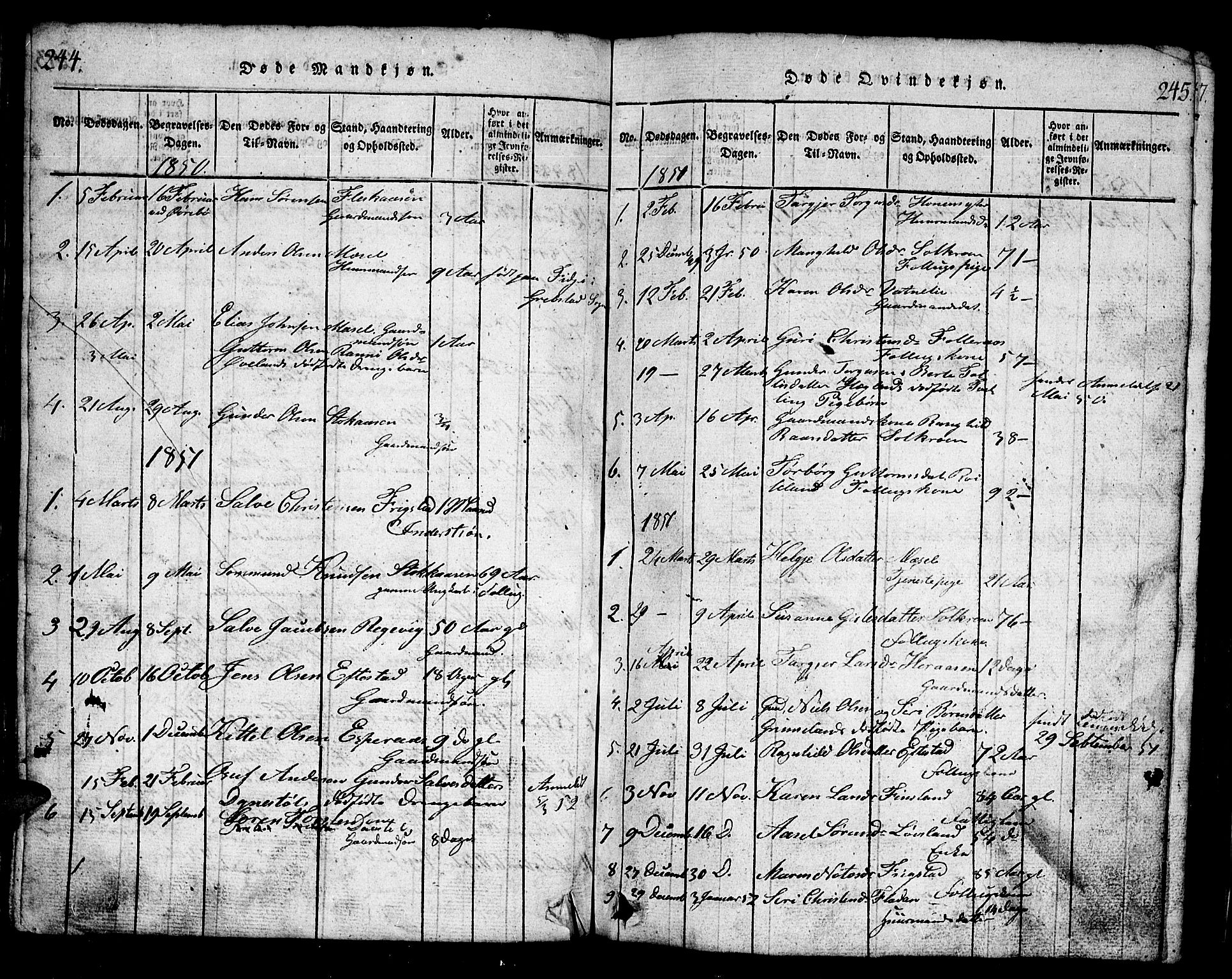 Bjelland sokneprestkontor, AV/SAK-1111-0005/F/Fb/Fbb/L0003: Parish register (copy) no. B 3, 1816-1868, p. 244-245