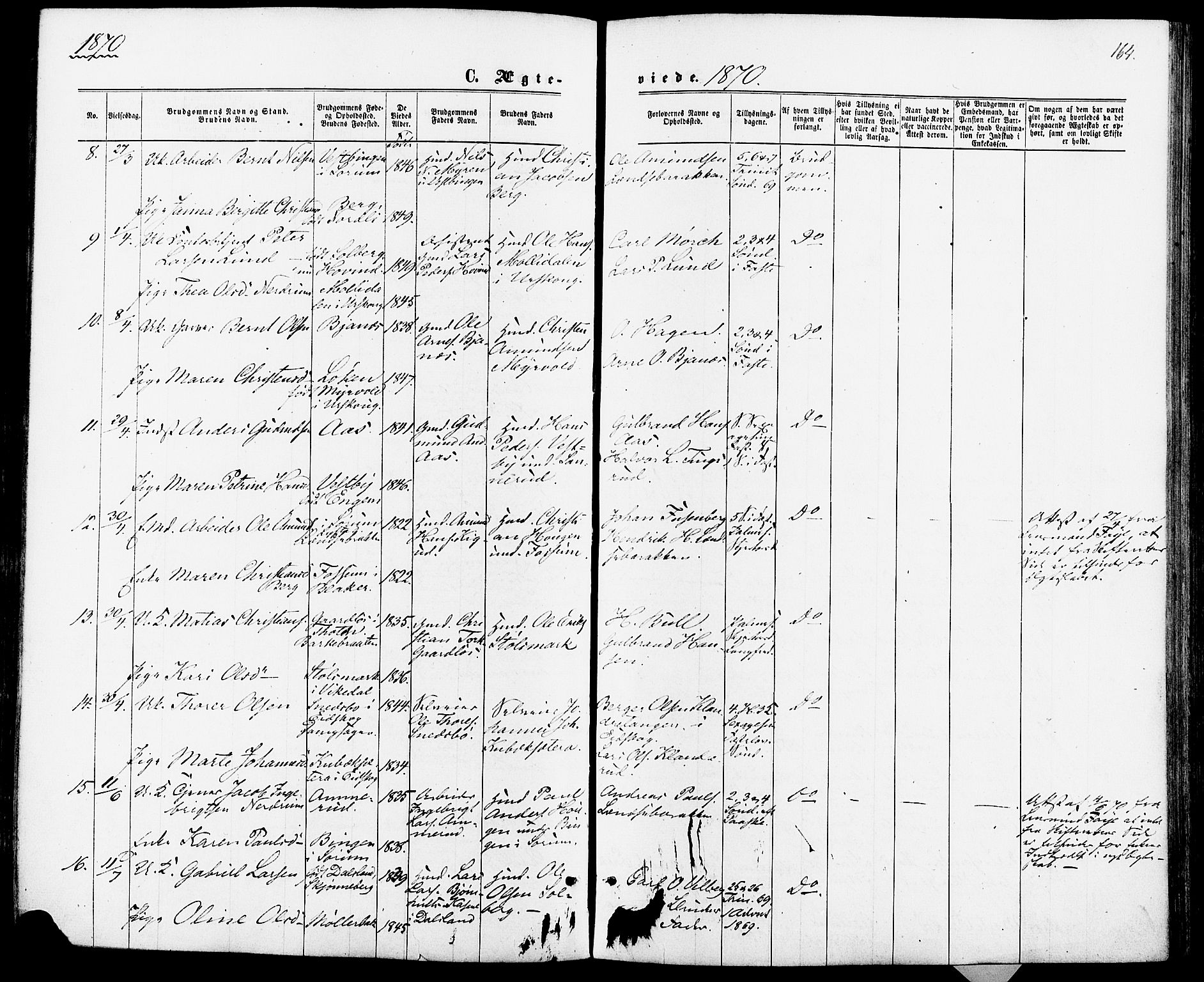 Fet prestekontor Kirkebøker, SAO/A-10370a/F/Fa/L0013: Parish register (official) no. I 13, 1867-1877, p. 164