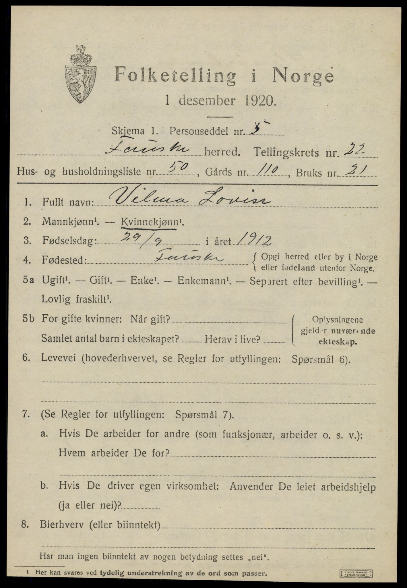 SAT, 1920 census for Fauske, 1920, p. 14164