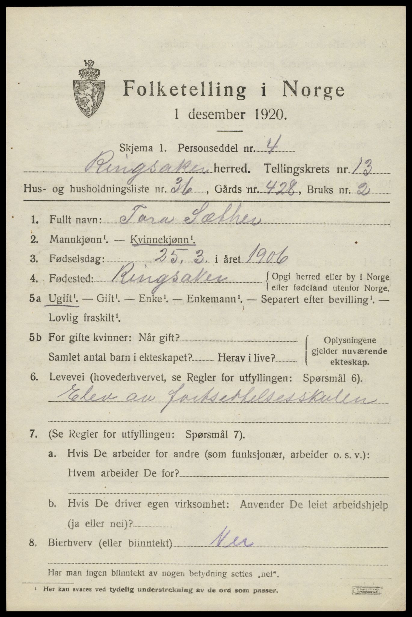 SAH, 1920 census for Ringsaker, 1920, p. 21126