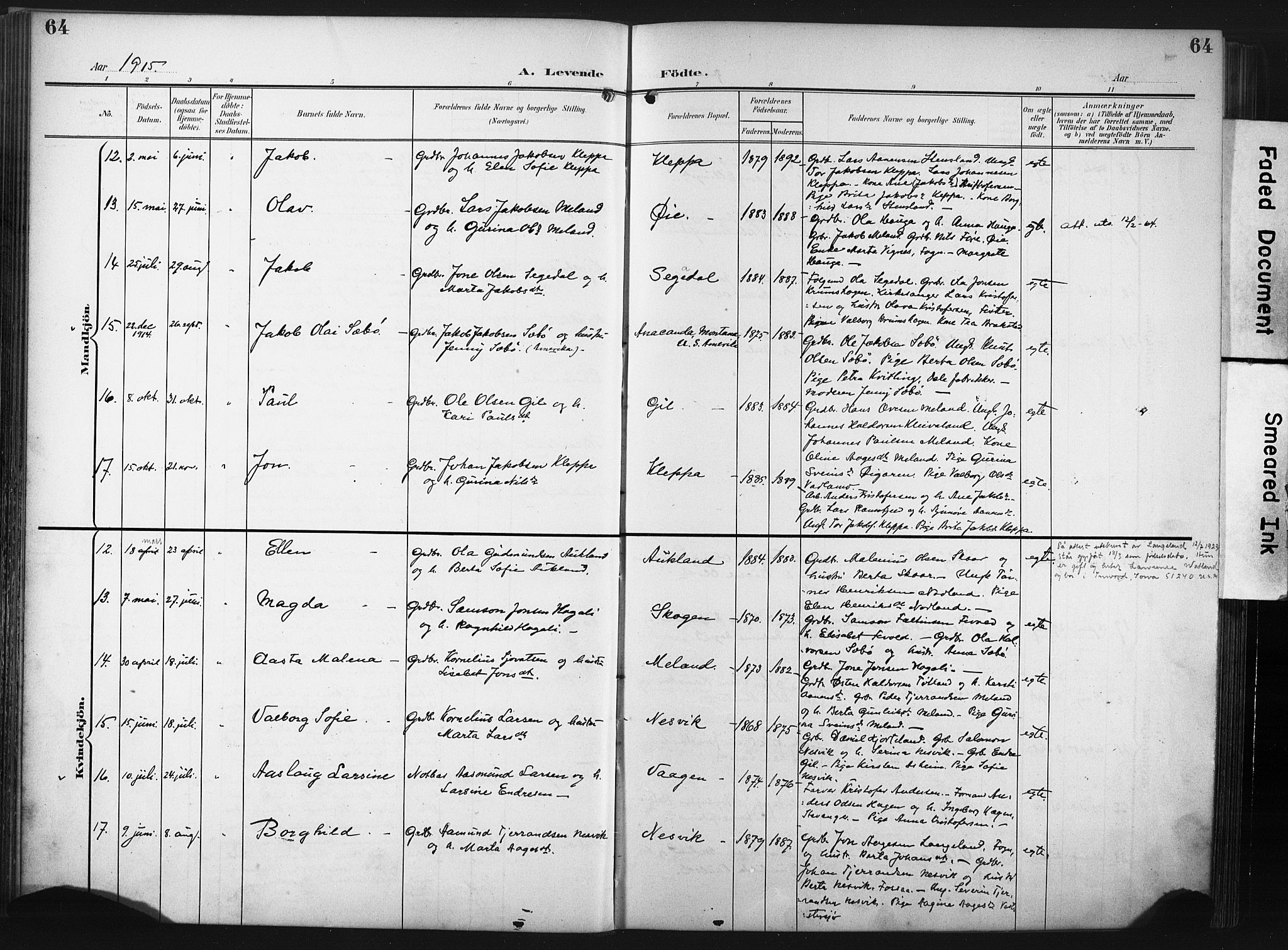 Hjelmeland sokneprestkontor, AV/SAST-A-101843/02/A/L0002: Parish register (official) no. A 17, 1901-1916, p. 64