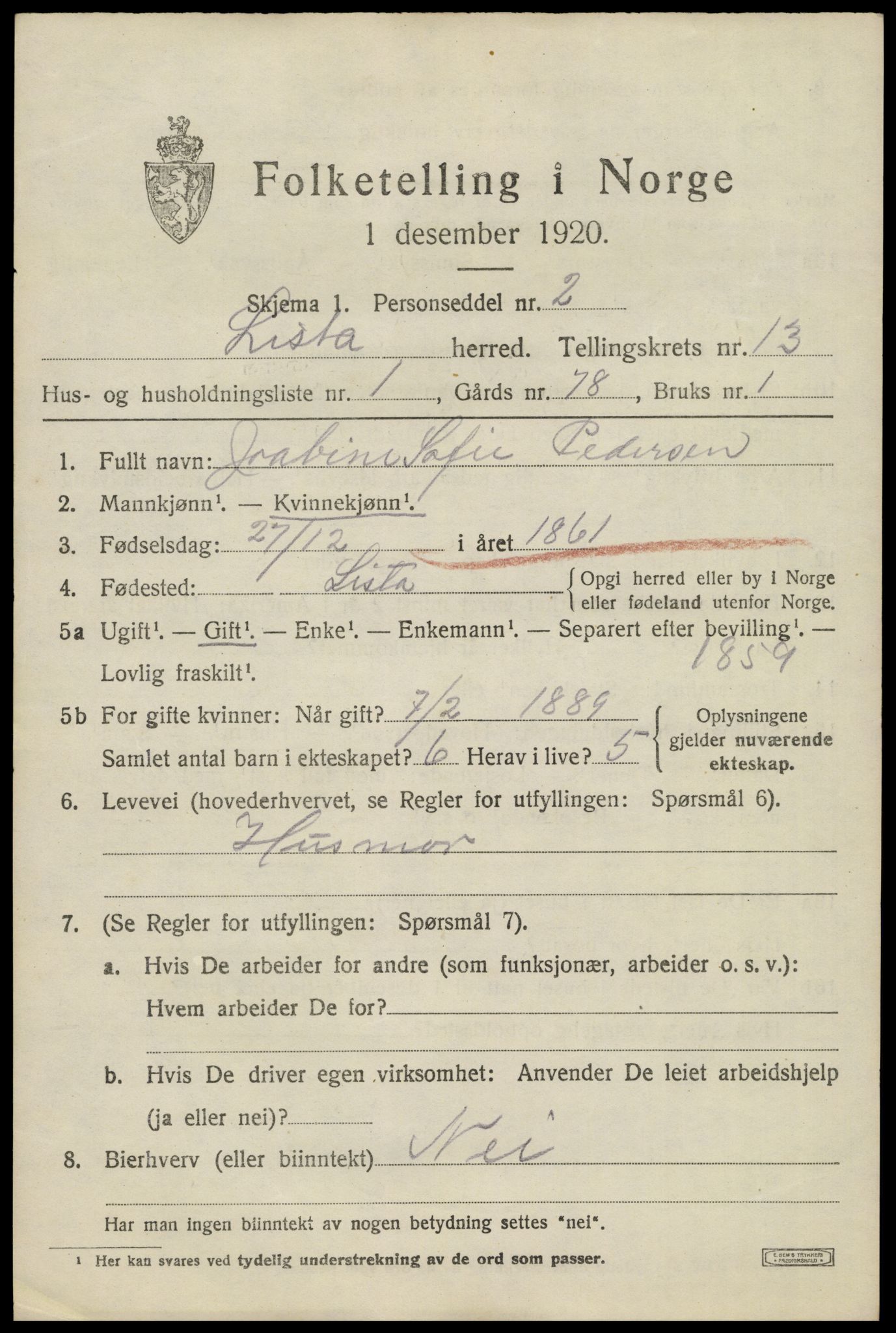 SAK, 1920 census for Lista, 1920, p. 11799