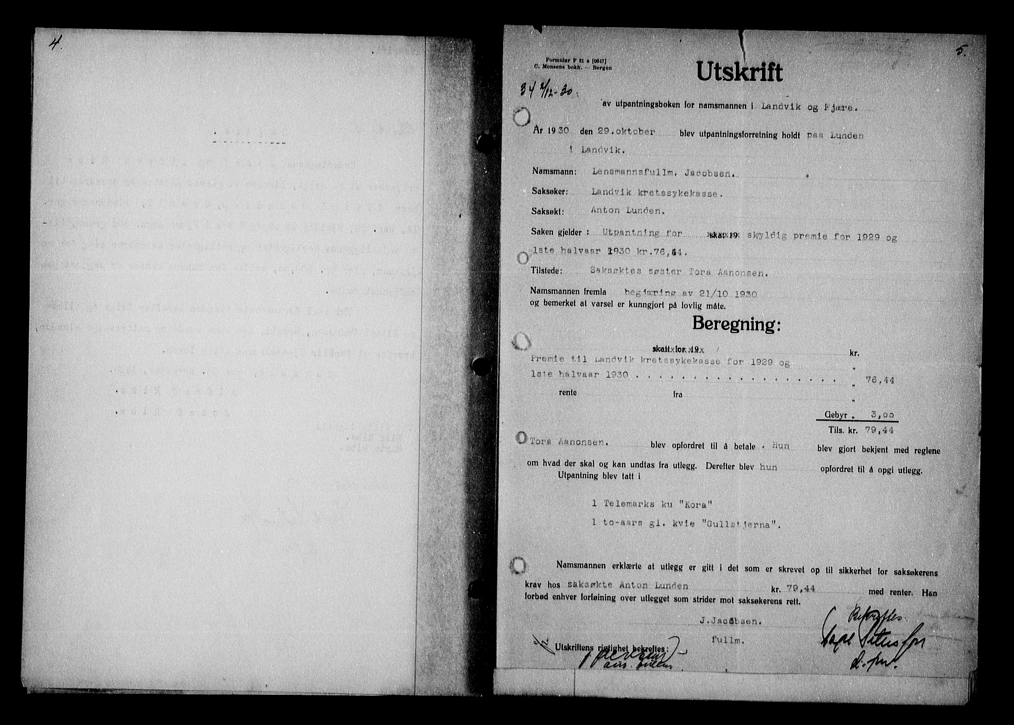 Vestre Nedenes/Sand sorenskriveri, AV/SAK-1221-0010/G/Gb/Gba/L0040: Mortgage book no. 66, 1930-1932, p. 4-5