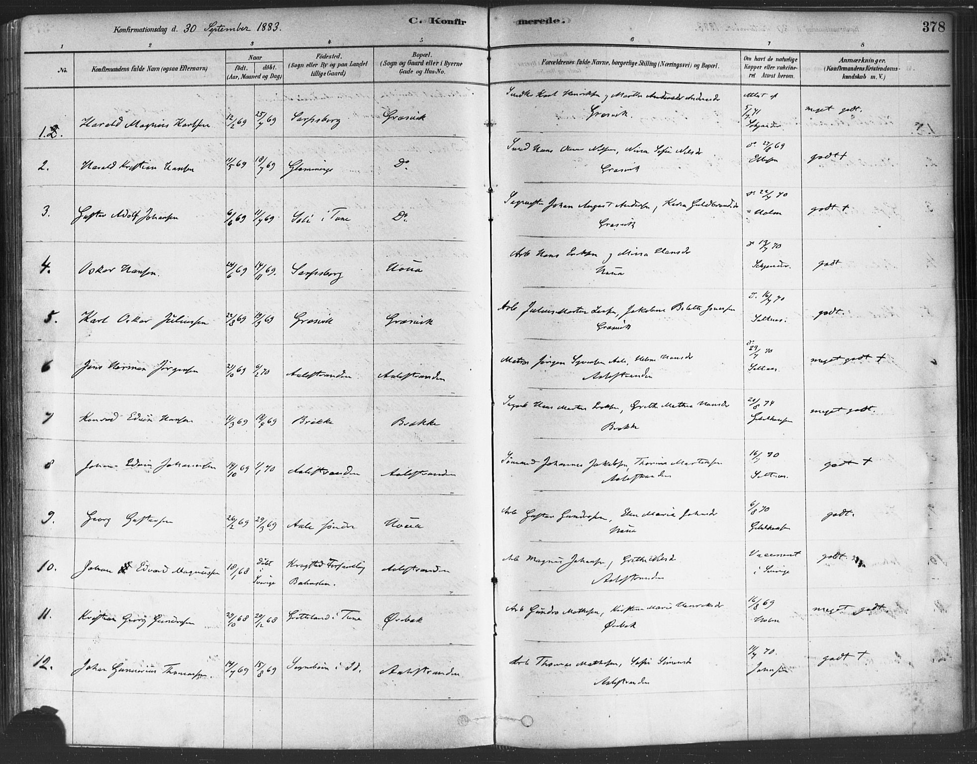 Onsøy prestekontor Kirkebøker, SAO/A-10914/F/Fa/L0005: Parish register (official) no. I 5, 1878-1898, p. 378