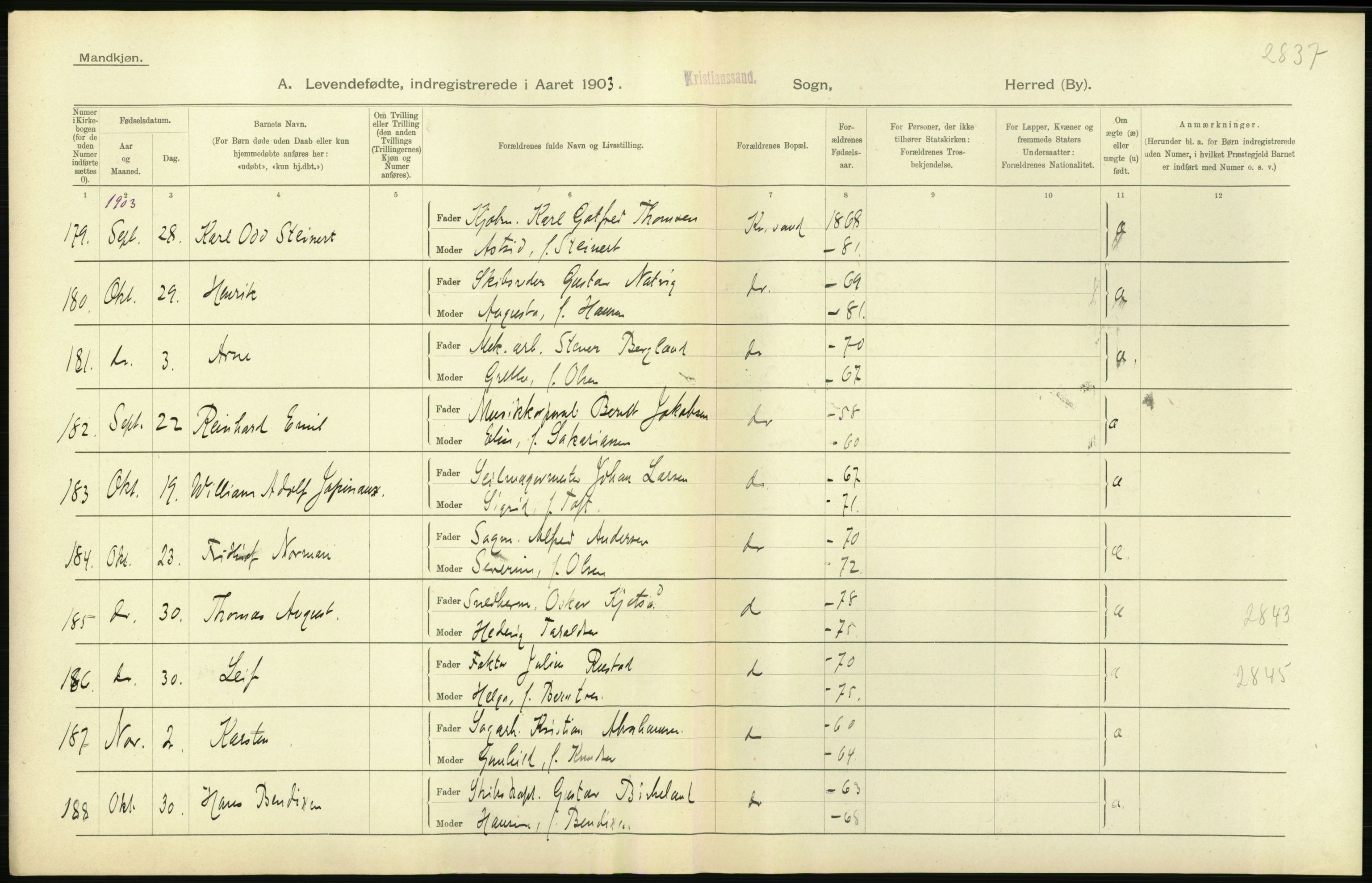 Statistisk sentralbyrå, Sosiodemografiske emner, Befolkning, AV/RA-S-2228/D/Df/Dfa/Dfaa/L0011: Lister og Mandal amt: Fødte, gifte, døde, 1903, p. 236