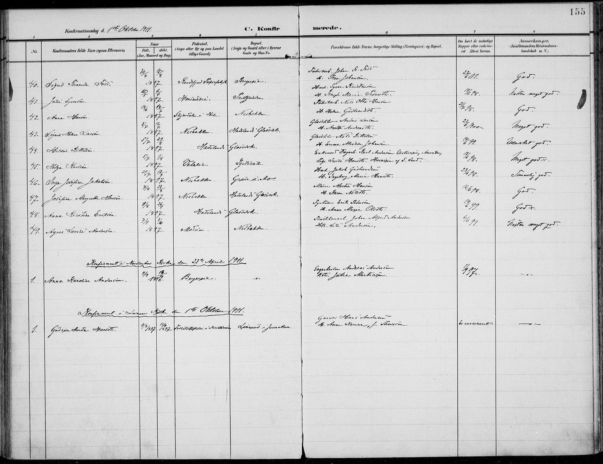 Jevnaker prestekontor, SAH/PREST-116/H/Ha/Haa/L0011: Parish register (official) no. 11, 1902-1913, p. 155