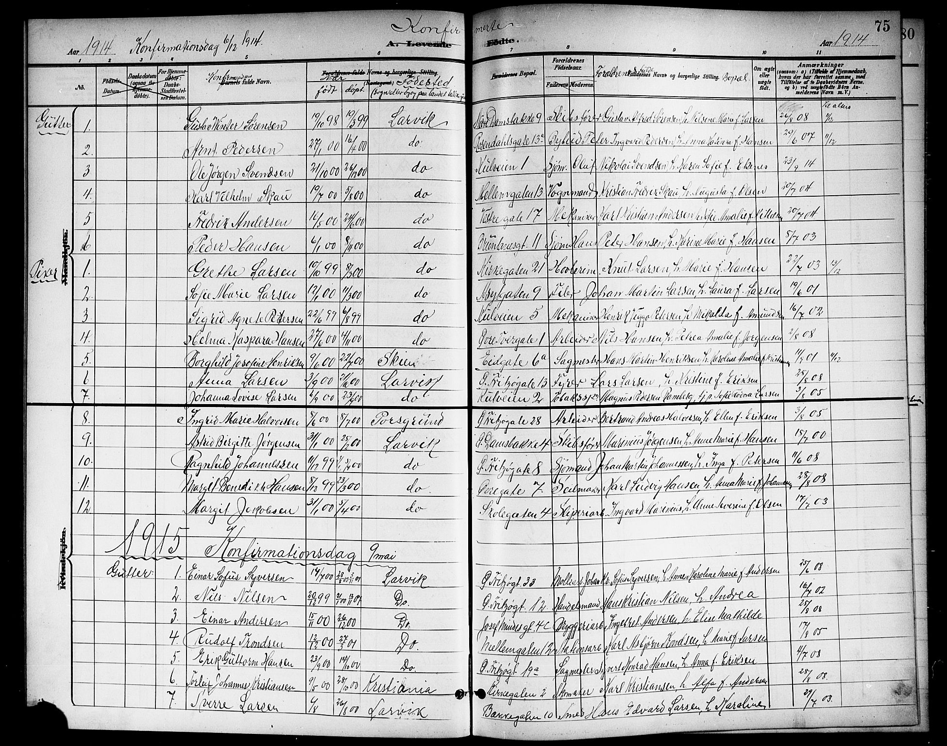 Larvik kirkebøker, SAKO/A-352/G/Gb/L0004: Parish register (copy) no. II 4, 1899-1919, p. 75