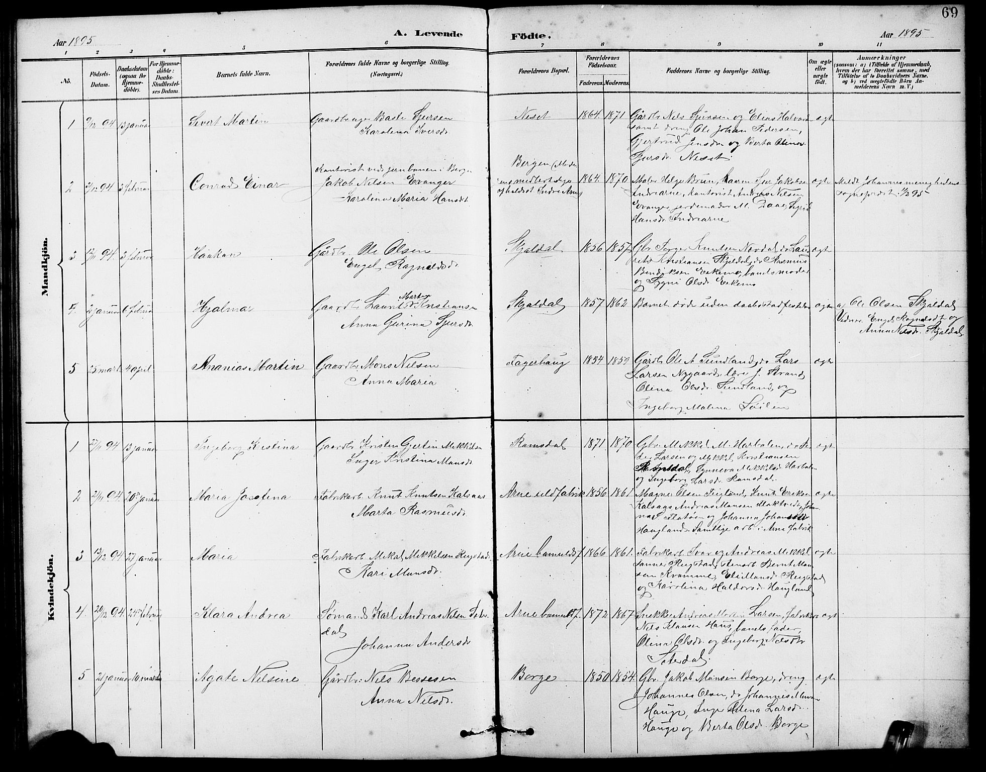Arna Sokneprestembete, SAB/A-74001/H/Ha/Hab: Parish register (copy) no. A 3, 1887-1897, p. 69