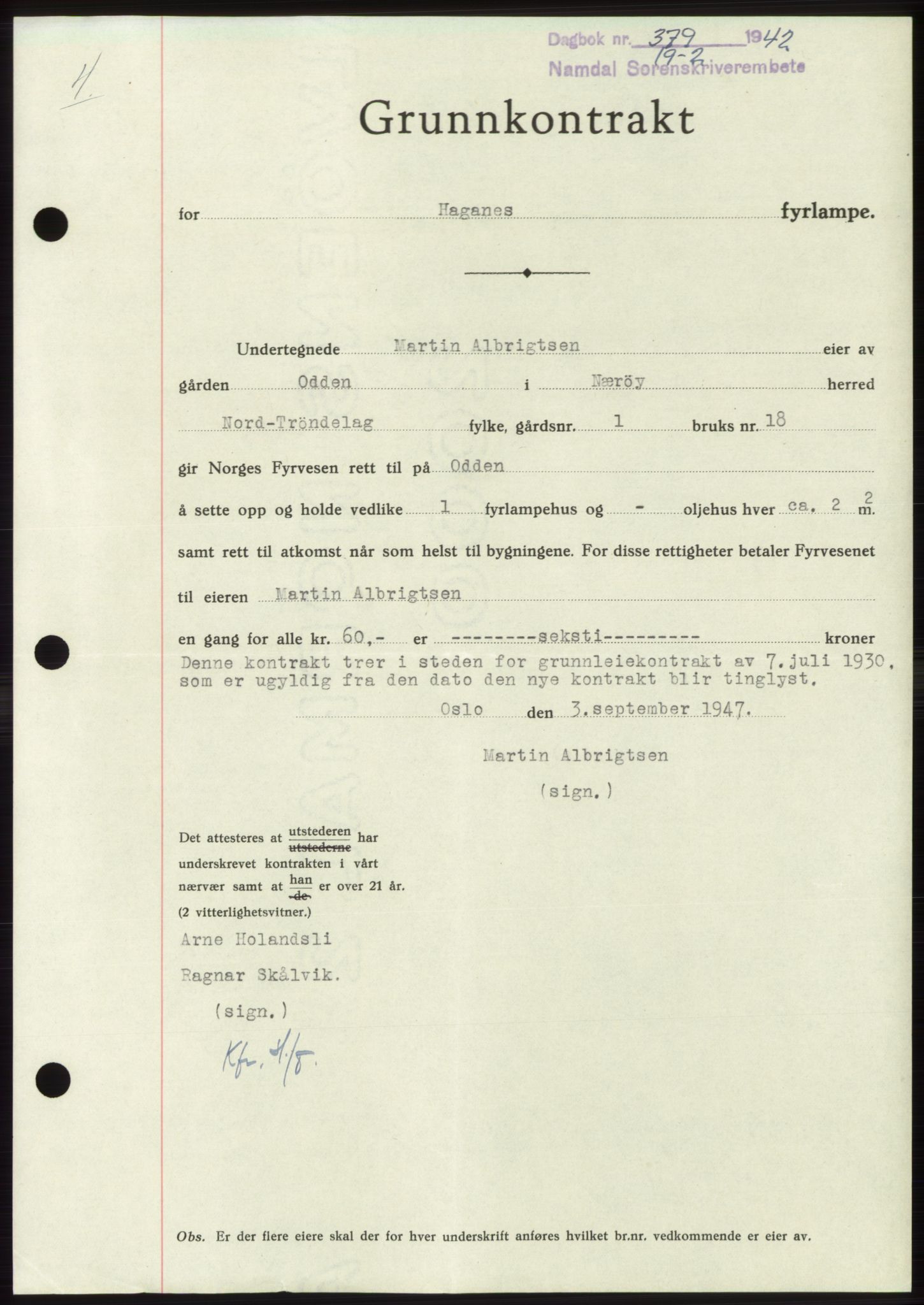 Namdal sorenskriveri, SAT/A-4133/1/2/2C: Mortgage book no. -, 1941-1942, Diary no: : 379/1942