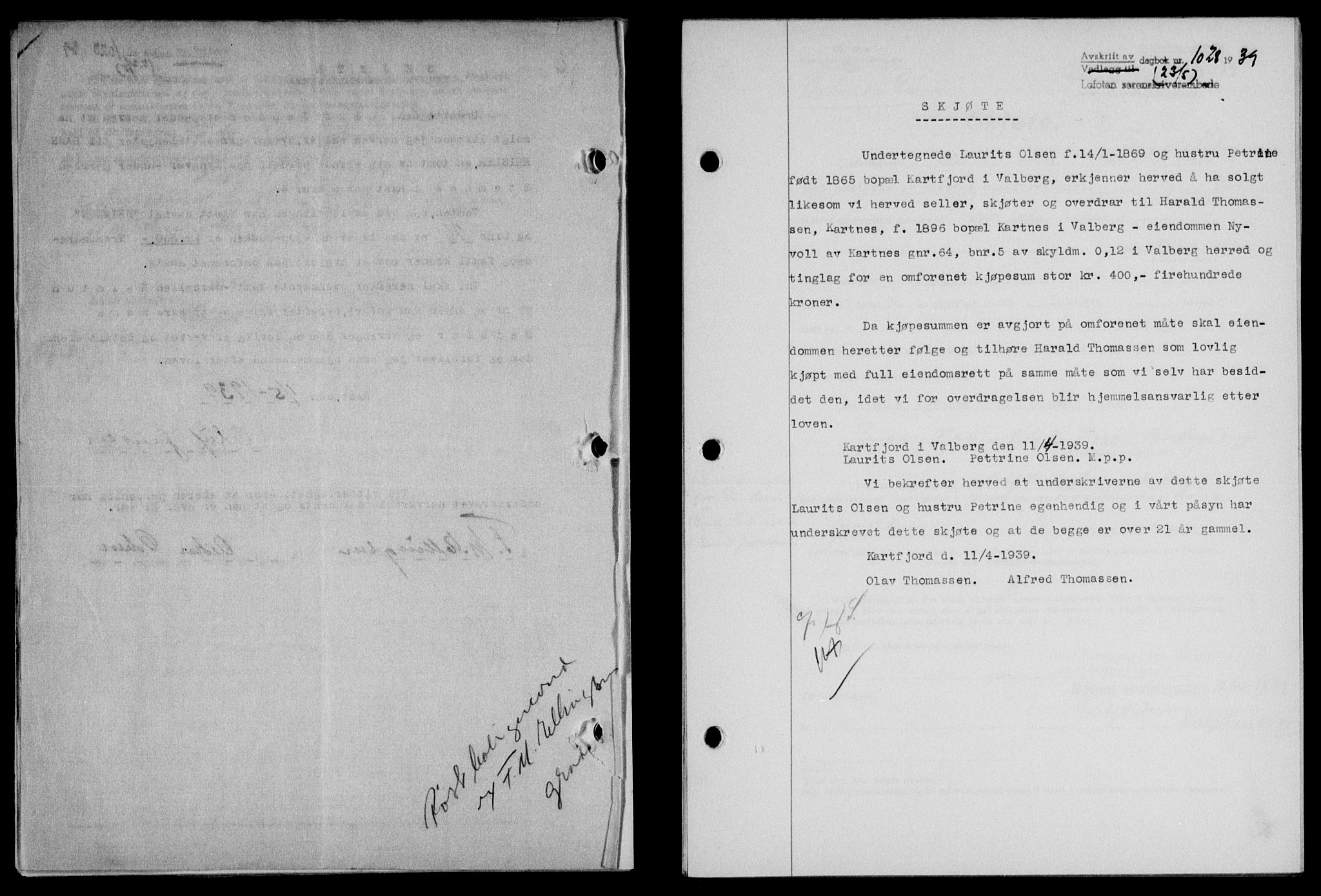 Lofoten sorenskriveri, SAT/A-0017/1/2/2C/L0005a: Mortgage book no. 5a, 1939-1939, Diary no: : 1028/1939