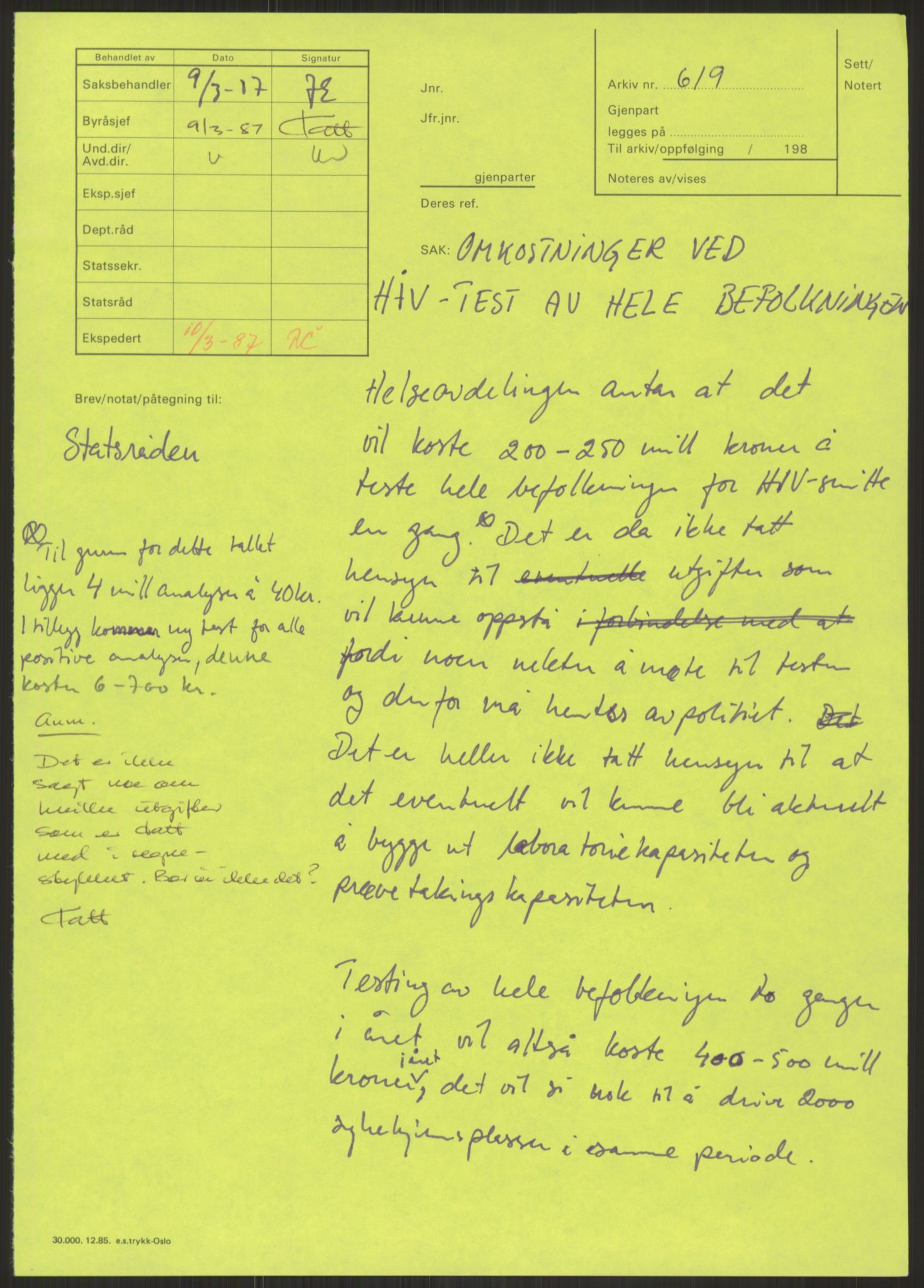 Sosialdepartementet, Administrasjons-, trygde-, plan- og helseavdelingen, RA/S-6179/D/L2240/0004: -- / 619 Diverse. HIV/AIDS, 1987, p. 5