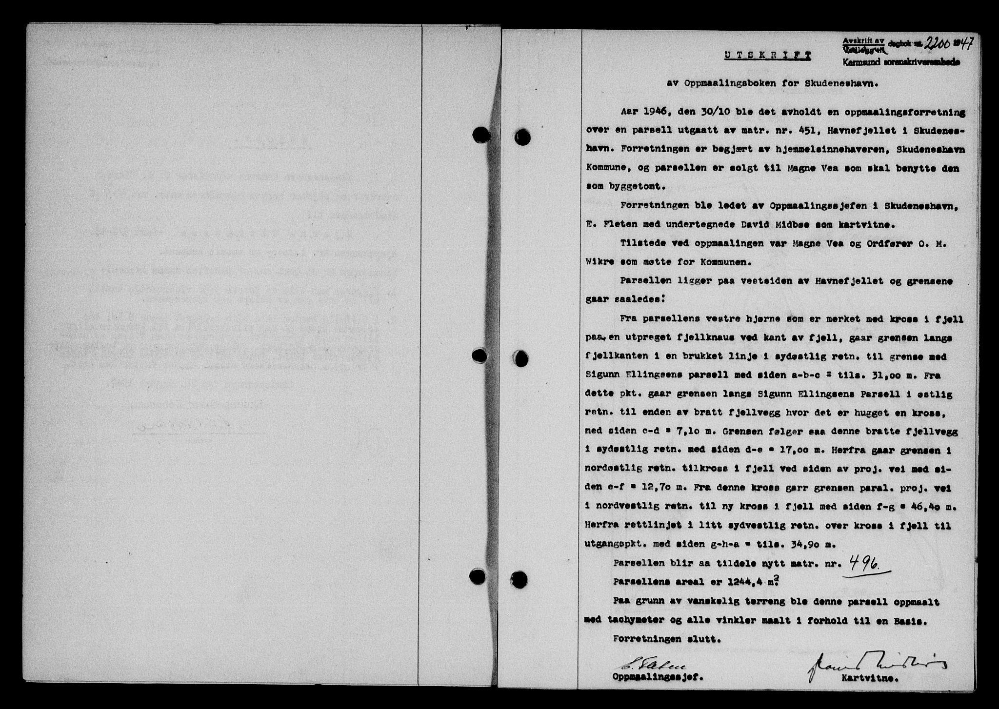 Karmsund sorenskriveri, SAST/A-100311/01/II/IIB/L0090: Mortgage book no. 70A, 1947-1947, Diary no: : 2200/1947