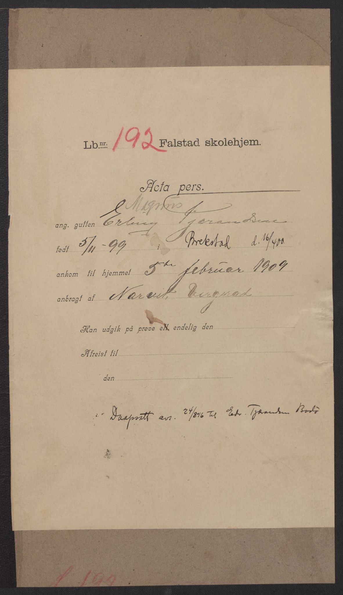 Falstad skolehjem, AV/RA-S-1676/E/Eb/L0009: Elevmapper løpenr. 189-209, 1909-1916, p. 30