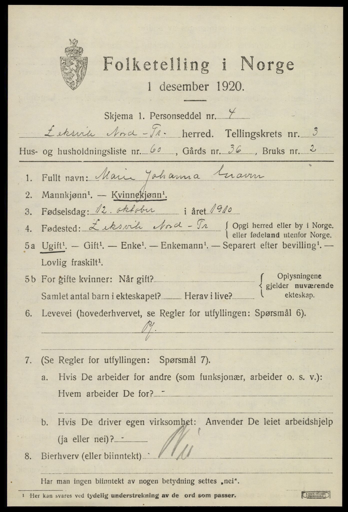 SAT, 1920 census for Leksvik, 1920, p. 3494