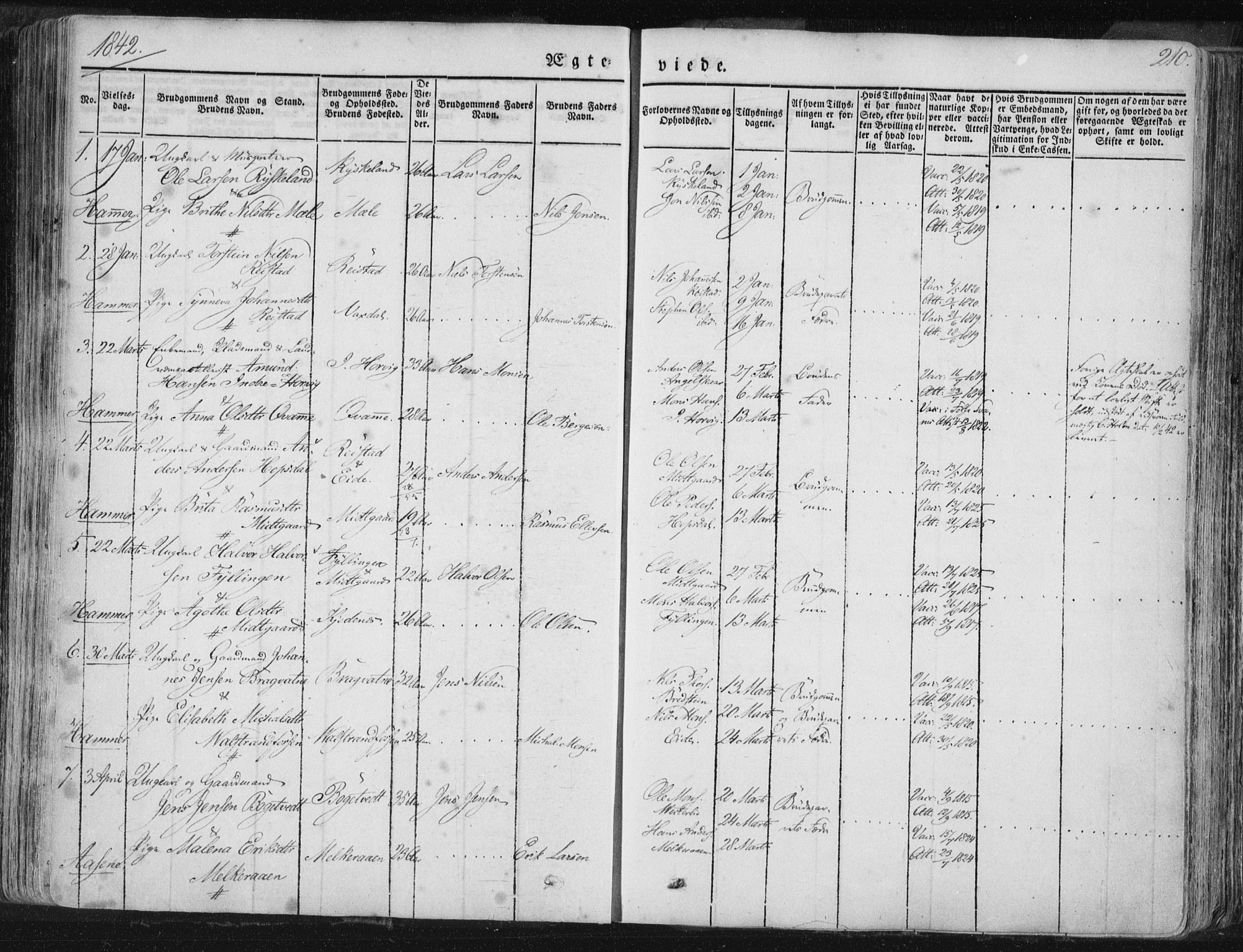 Hamre sokneprestembete, SAB/A-75501/H/Ha/Haa/Haaa/L0012: Parish register (official) no. A 12, 1834-1845, p. 210