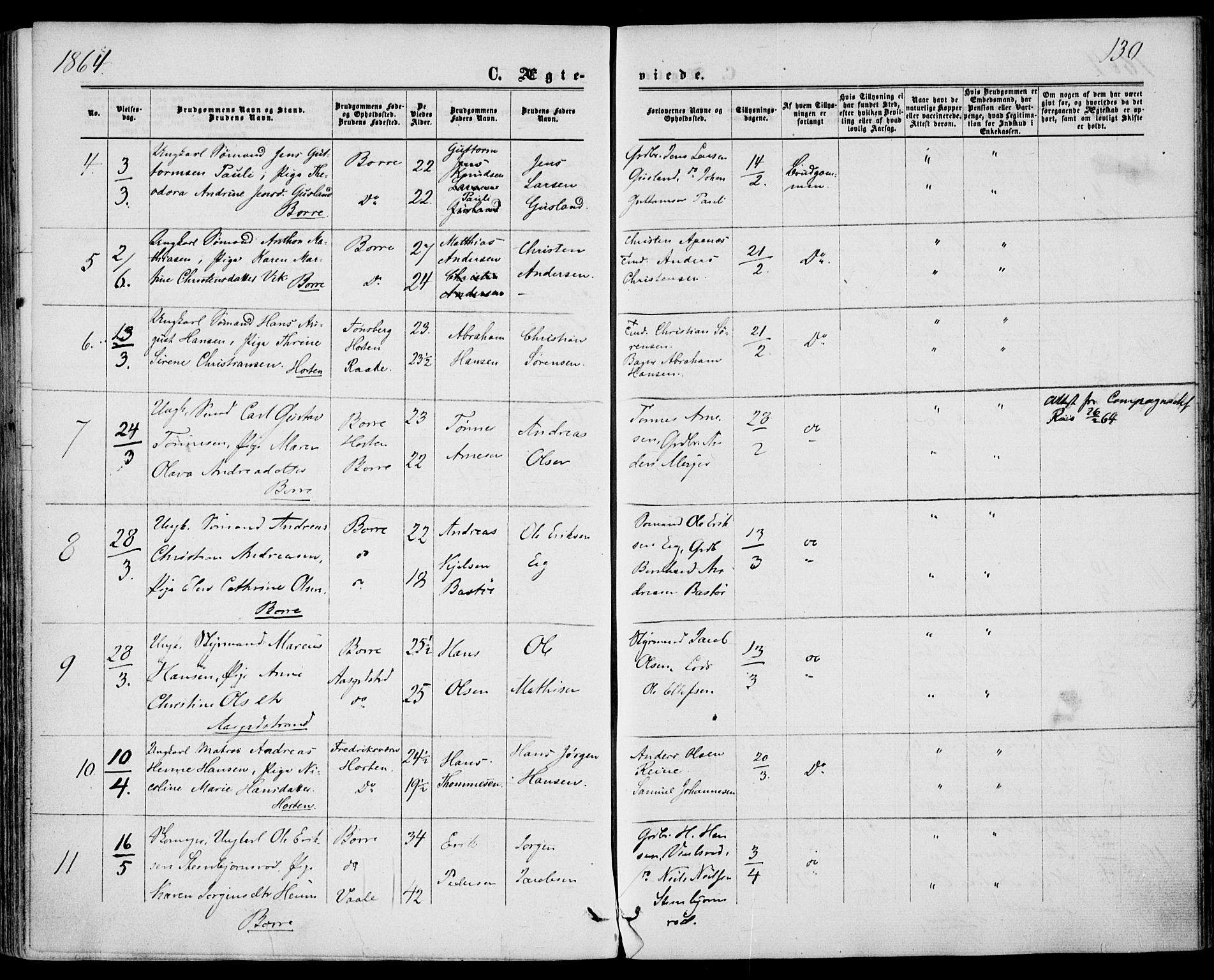 Borre kirkebøker, AV/SAKO-A-338/F/Fa/L0007: Parish register (official) no. I 7, 1862-1867, p. 130