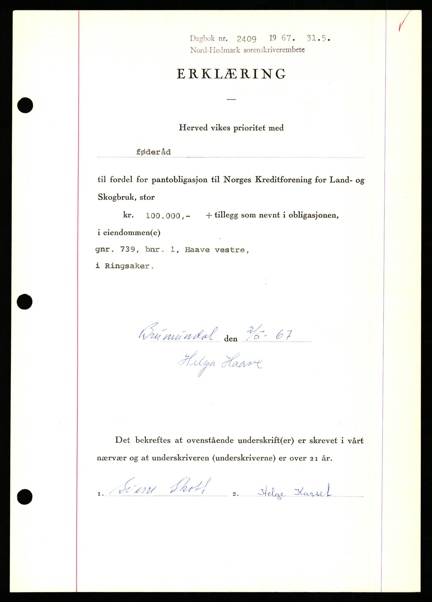 Nord-Hedmark sorenskriveri, SAH/TING-012/H/Hb/Hbf/L0071: Mortgage book no. B71, 1967-1967, Diary no: : 2409/1967