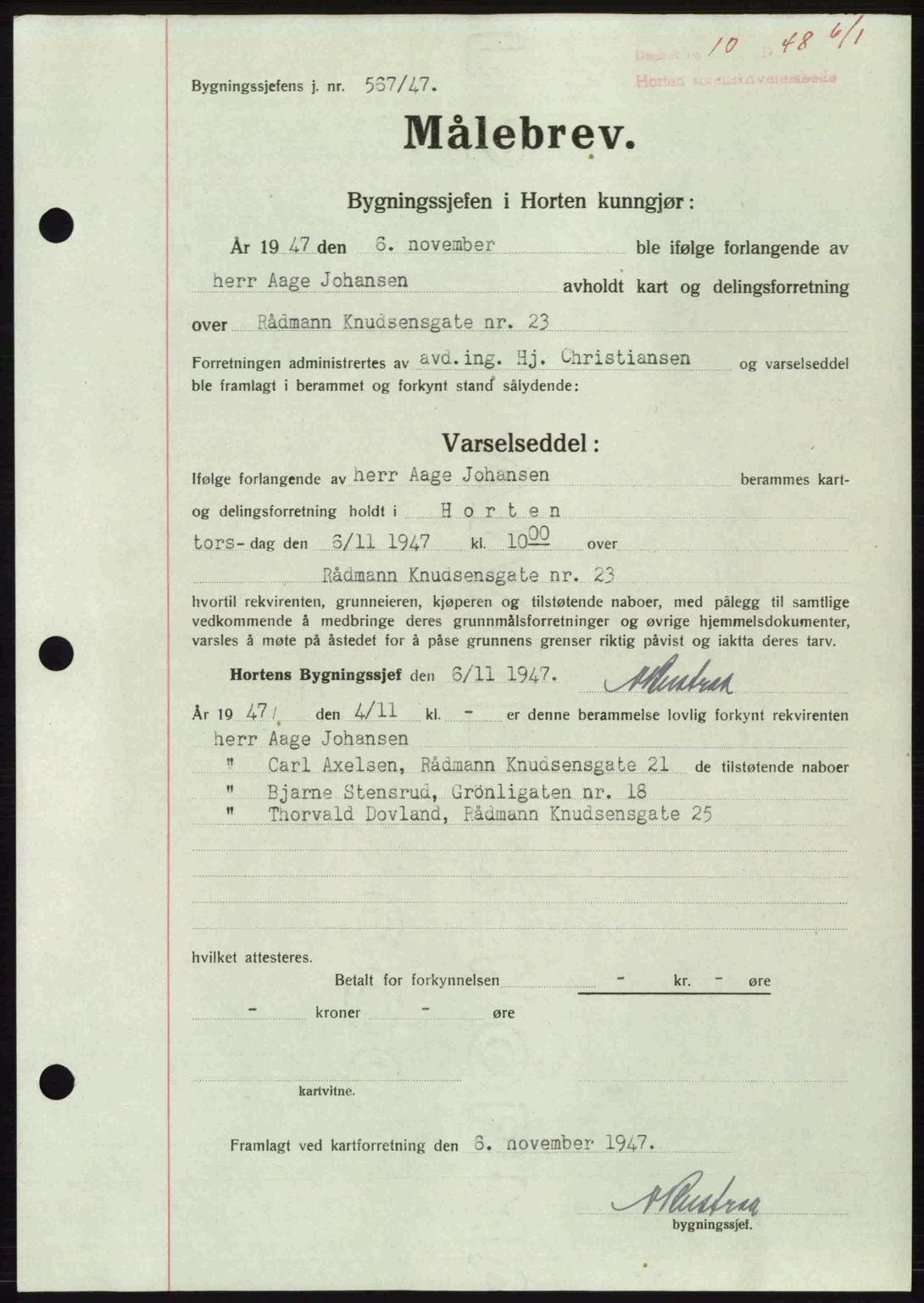 Horten sorenskriveri, AV/SAKO-A-133/G/Ga/Gaa/L0010: Mortgage book no. A-10, 1947-1948, Diary no: : 10/1948