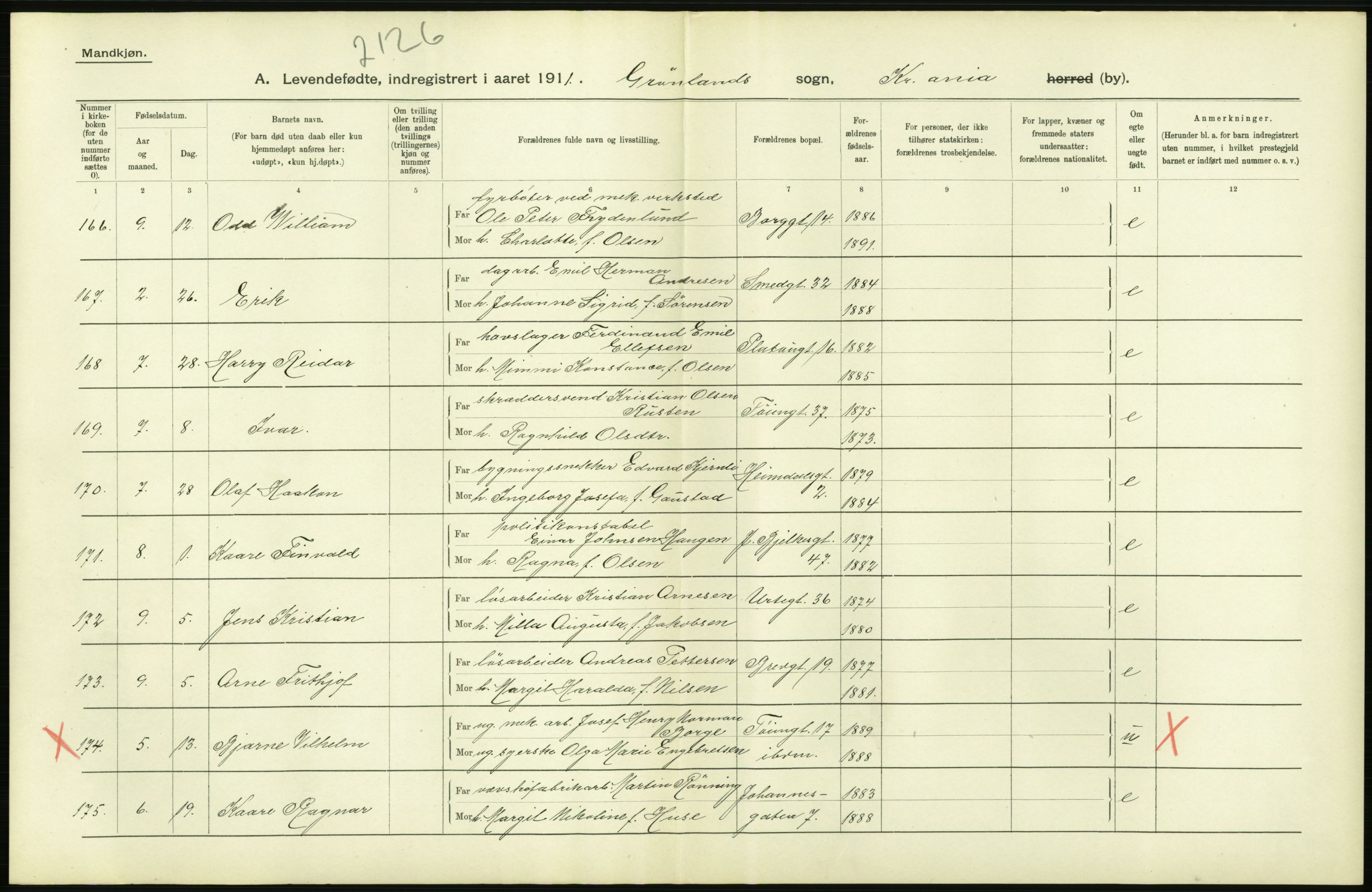 Statistisk sentralbyrå, Sosiodemografiske emner, Befolkning, AV/RA-S-2228/D/Df/Dfb/Dfba/L0006: Kristiania: Levendefødte menn., 1911, p. 346