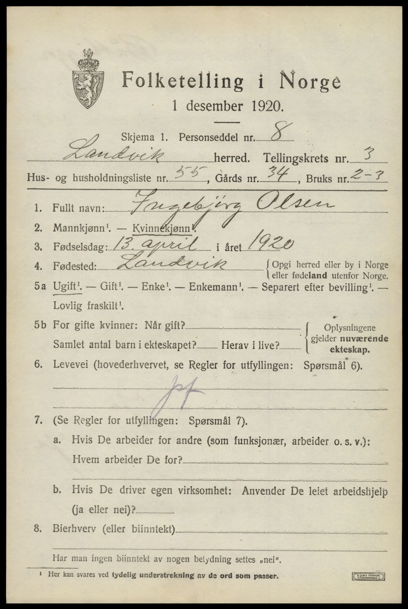 SAK, 1920 census for Landvik, 1920, p. 3430