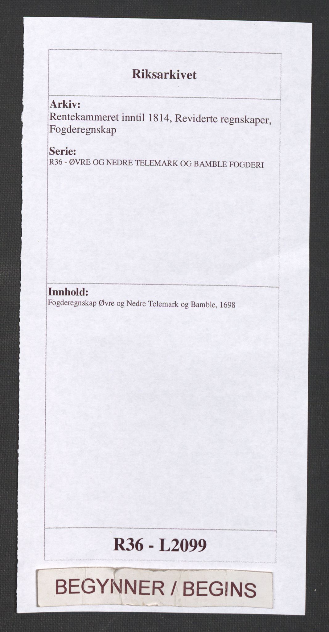 Rentekammeret inntil 1814, Reviderte regnskaper, Fogderegnskap, AV/RA-EA-4092/R36/L2099: Fogderegnskap Øvre og Nedre Telemark og Bamble, 1698, p. 1