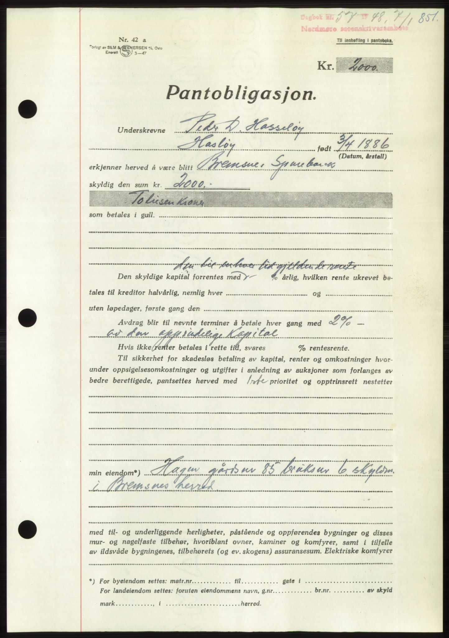 Nordmøre sorenskriveri, AV/SAT-A-4132/1/2/2Ca: Mortgage book no. B97, 1947-1948, Diary no: : 57/1948