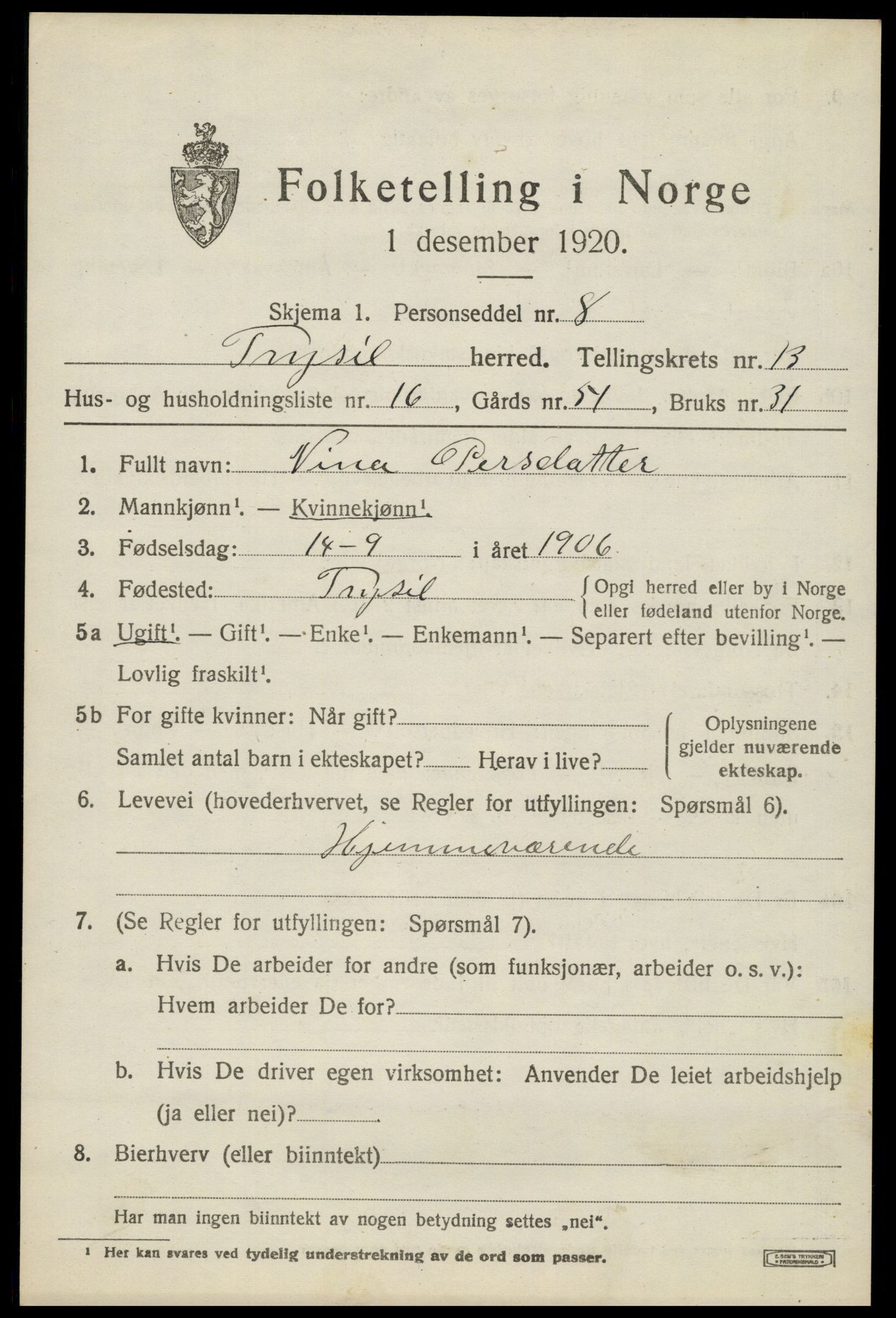 SAH, 1920 census for Trysil, 1920, p. 7855