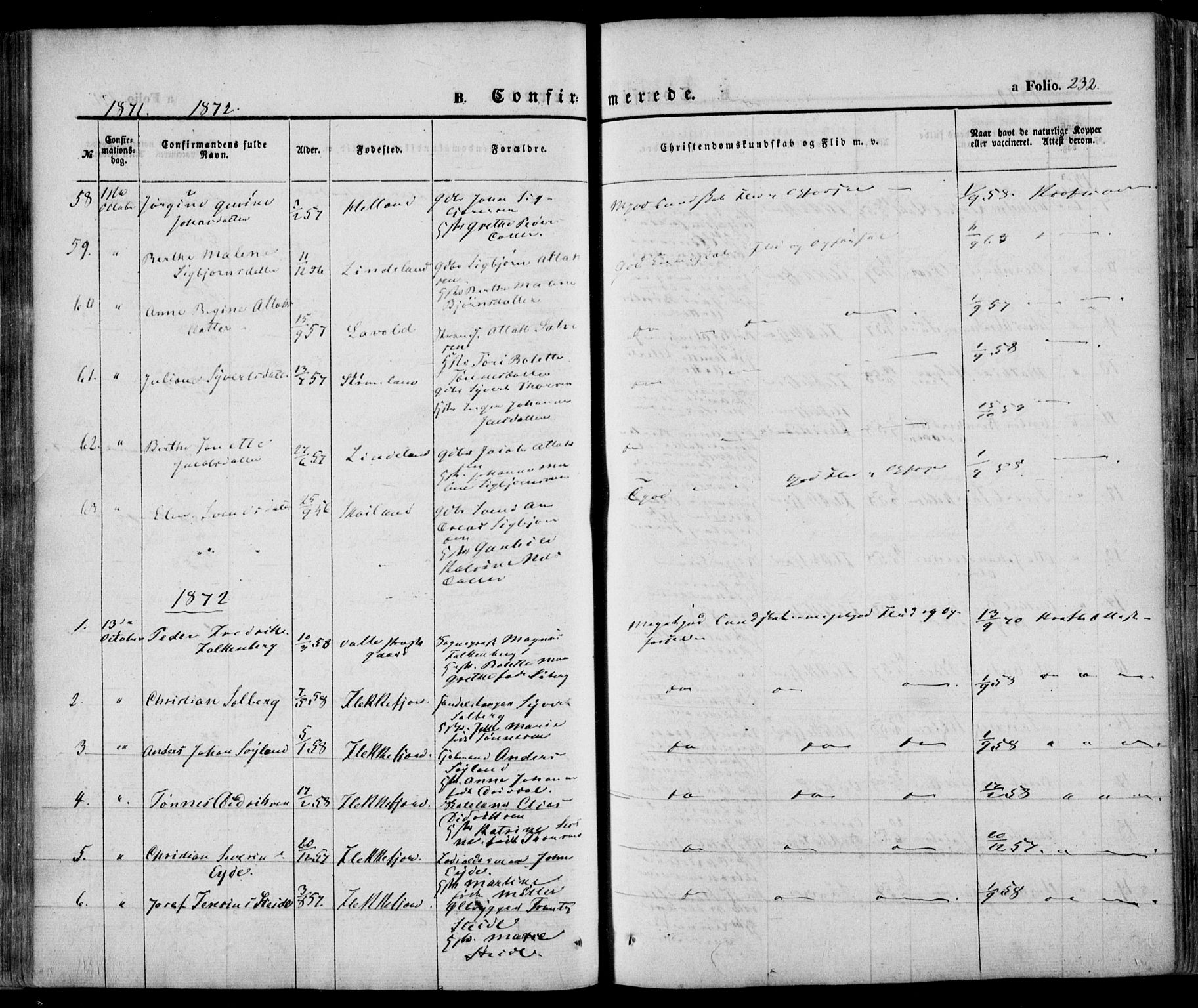 Flekkefjord sokneprestkontor, AV/SAK-1111-0012/F/Fa/Fac/L0005: Parish register (official) no. A 5, 1849-1875, p. 232