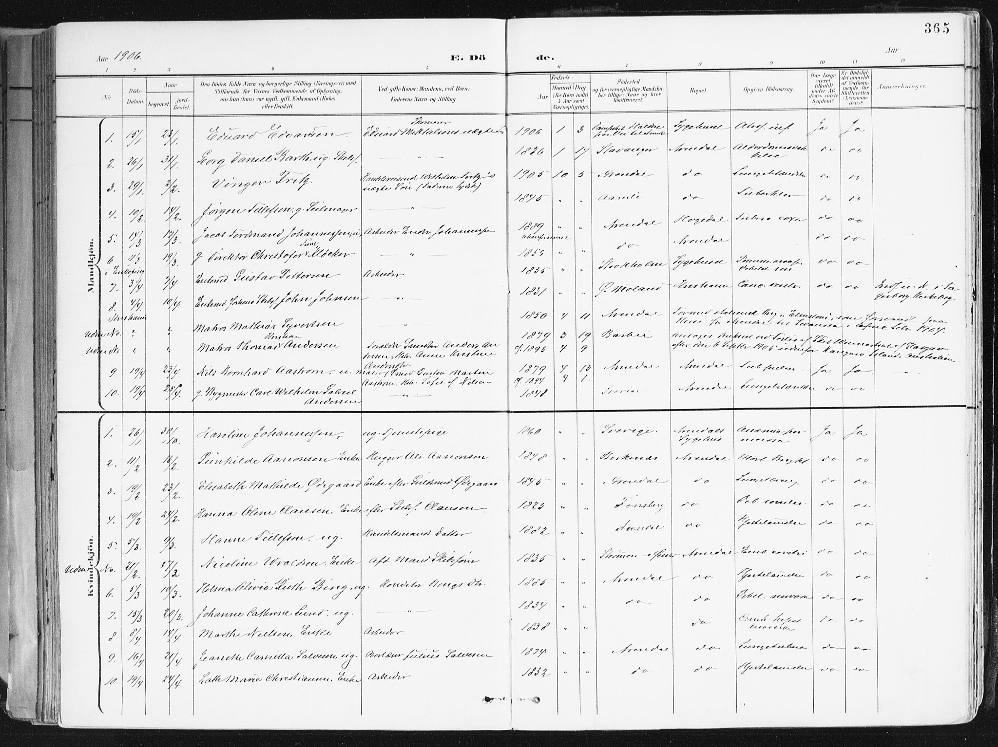 Arendal sokneprestkontor, Trefoldighet, SAK/1111-0040/F/Fa/L0010: Parish register (official) no. A 10, 1900-1919, p. 365