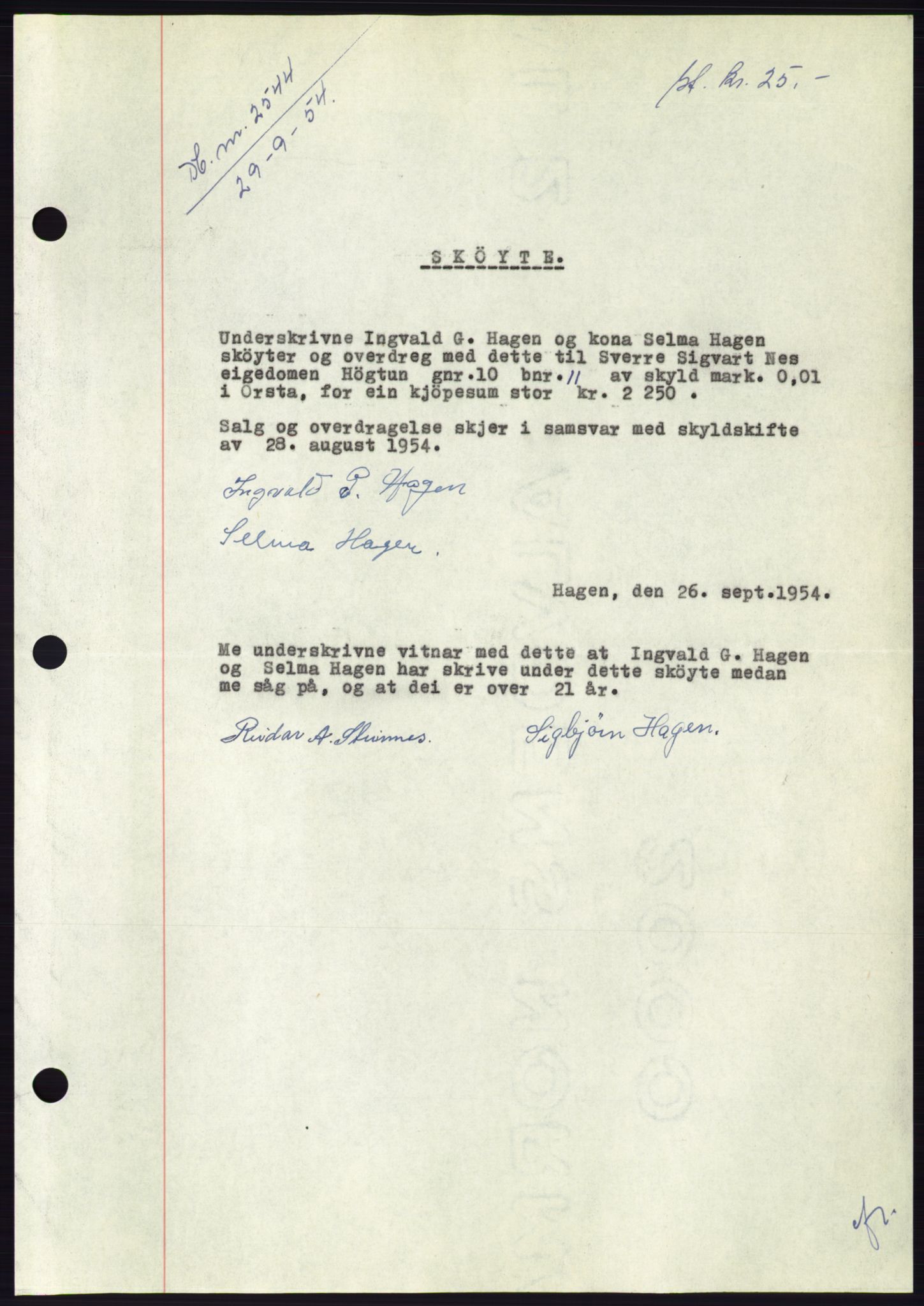 Søre Sunnmøre sorenskriveri, AV/SAT-A-4122/1/2/2C/L0099: Mortgage book no. 25A, 1954-1954, Diary no: : 2544/1954