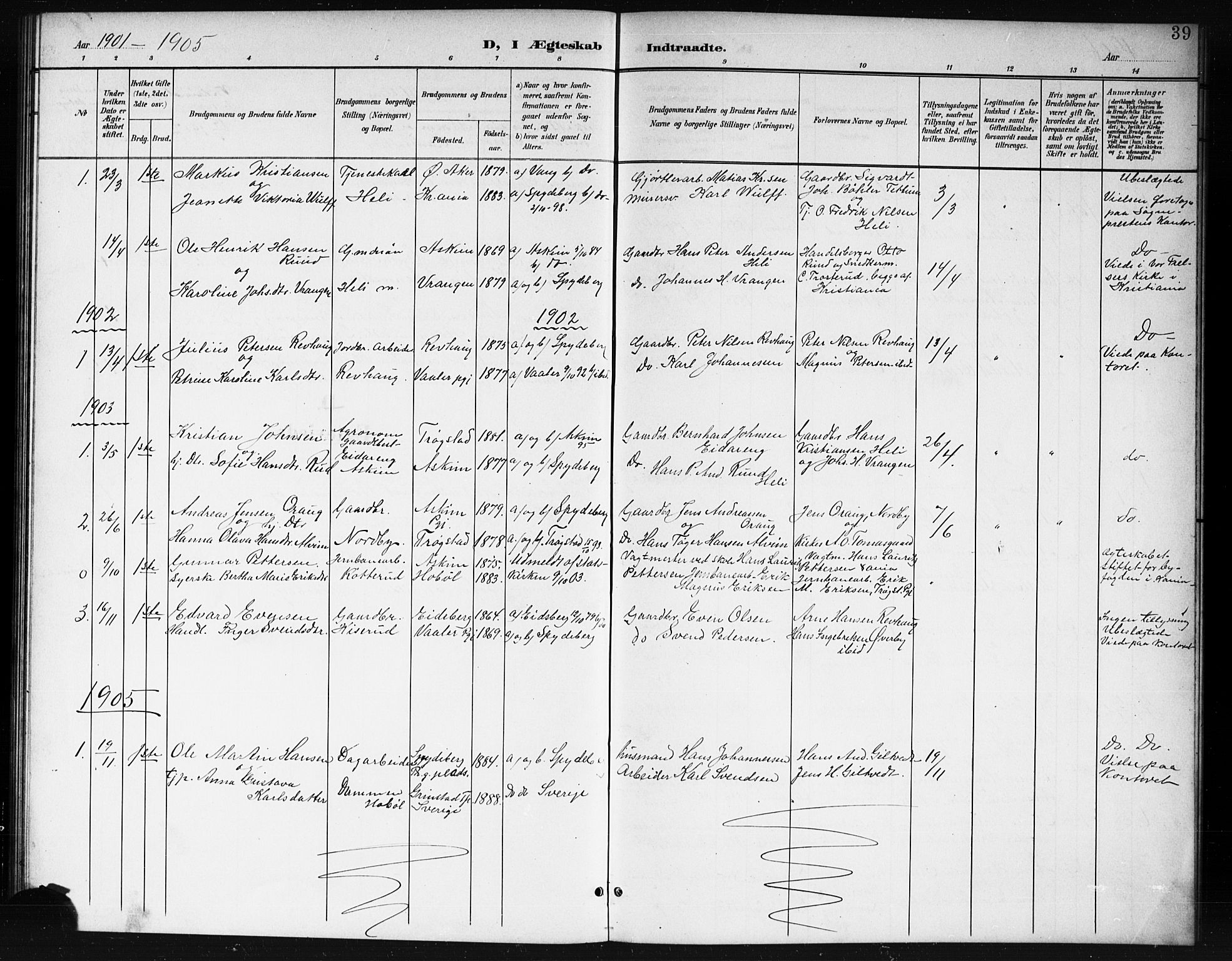 Spydeberg prestekontor Kirkebøker, SAO/A-10924/G/Gc/L0001: Parish register (copy) no. III 1, 1901-1917, p. 39
