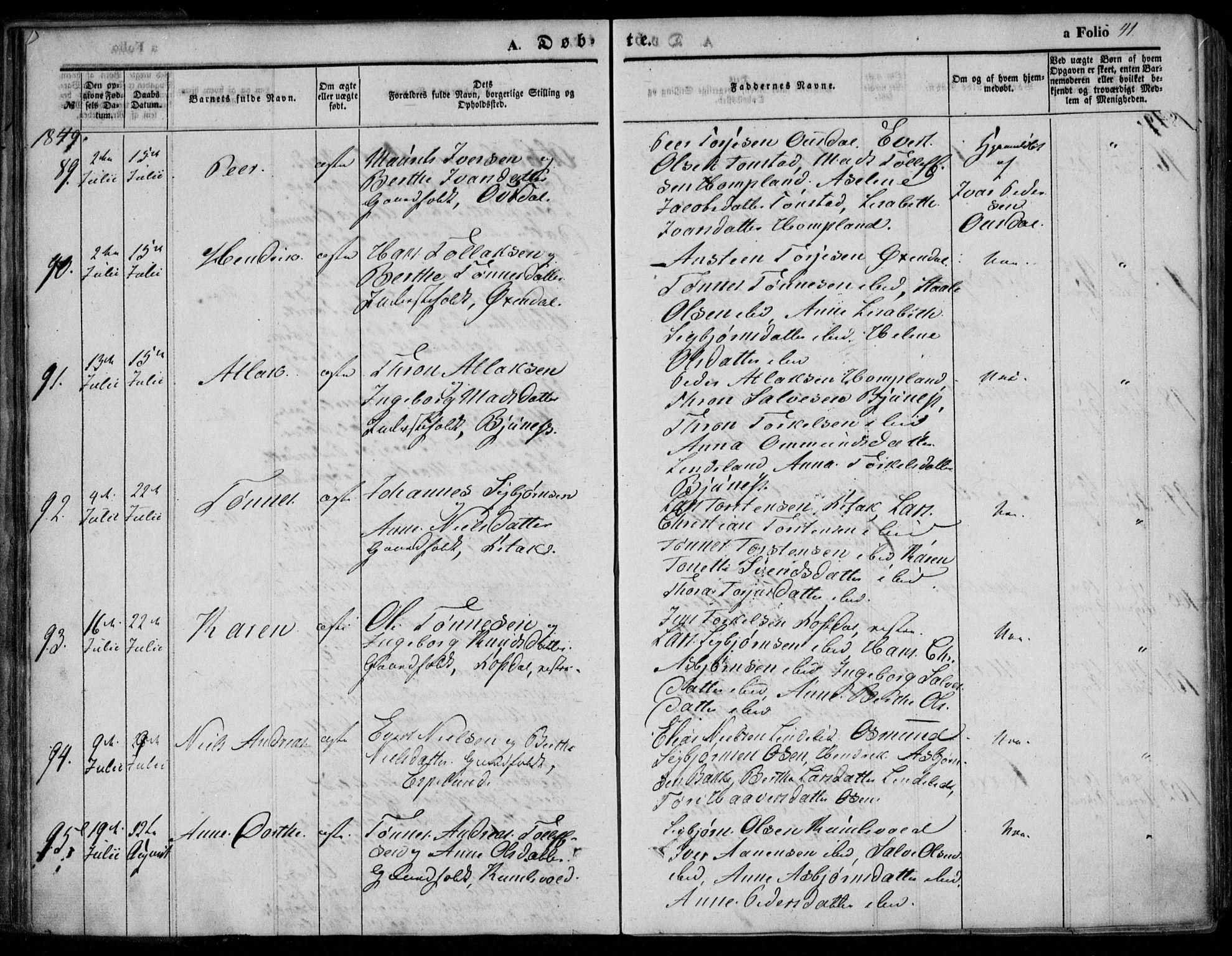 Bakke sokneprestkontor, AV/SAK-1111-0002/F/Fa/Faa/L0005: Parish register (official) no. A 5, 1847-1855, p. 41