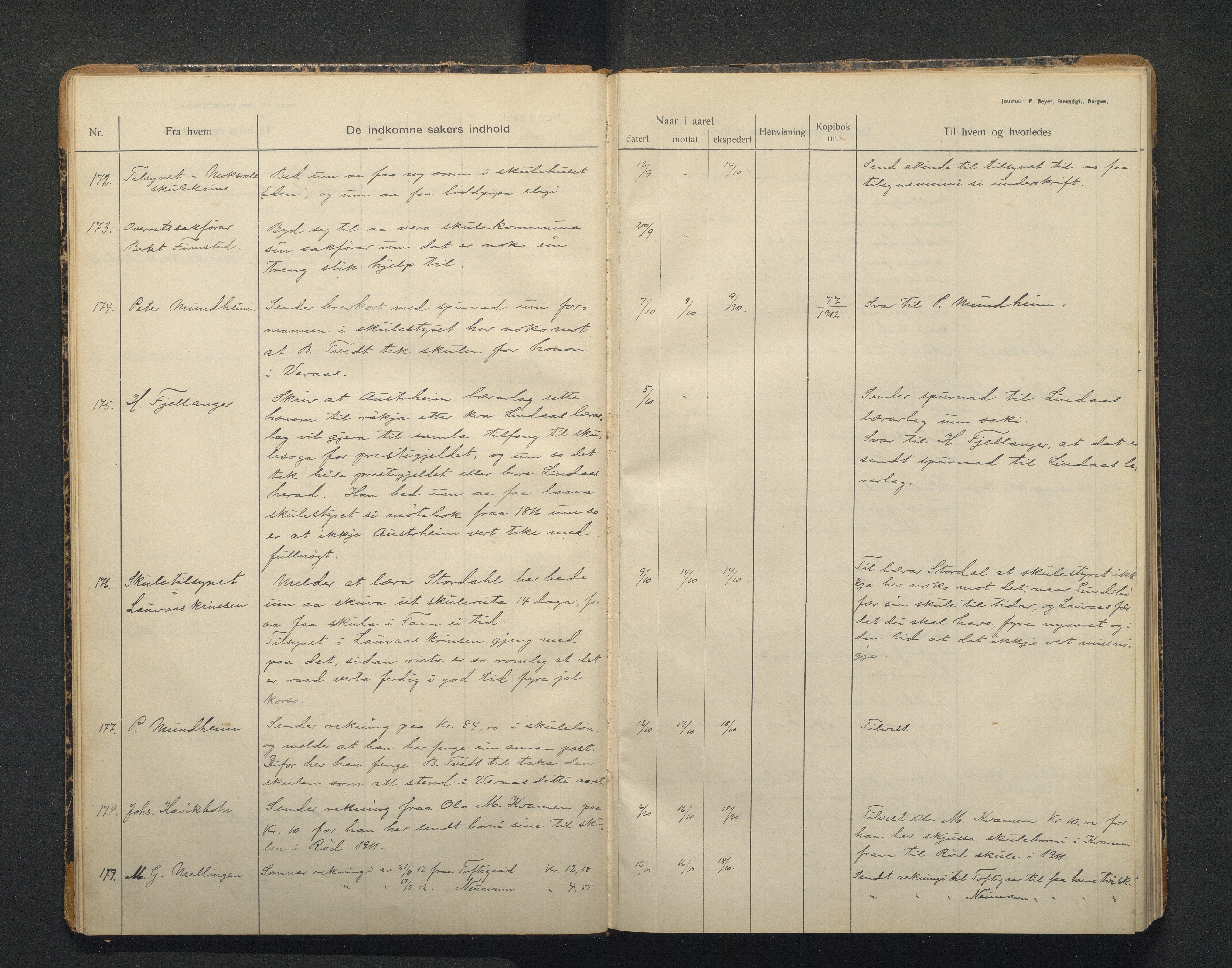 Lindås kommune. Skulestyret, IKAH/1263-211/C/Ca/L0005: Postjournal for Lindås skulestyre, 1912-1918