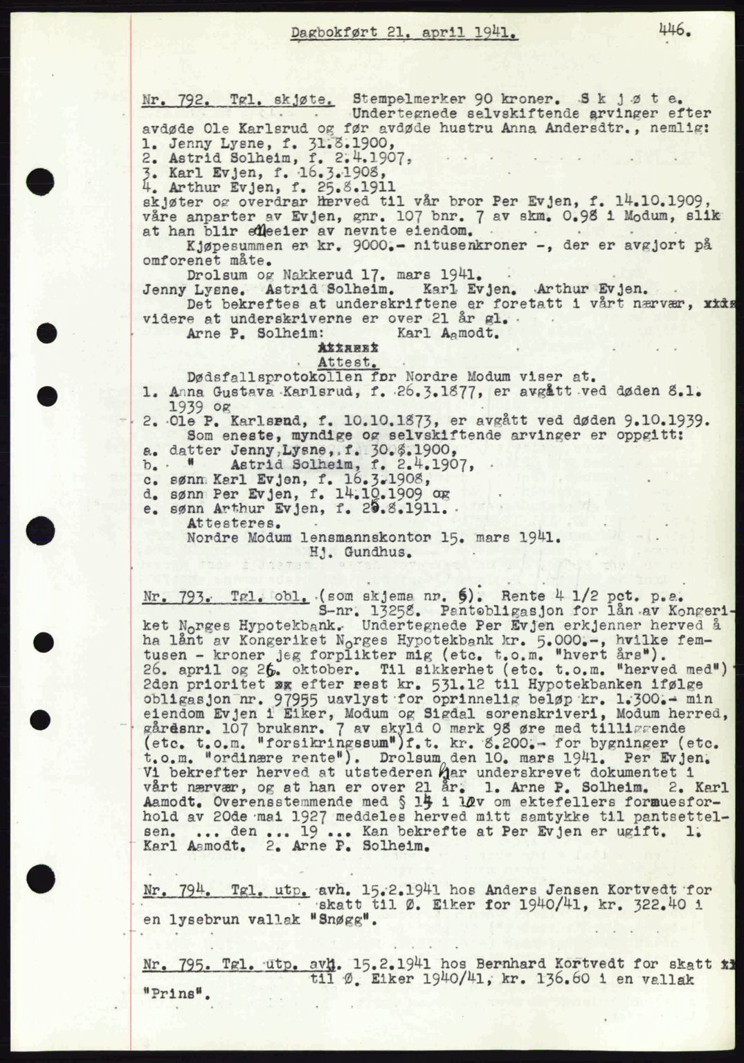 Eiker, Modum og Sigdal sorenskriveri, SAKO/A-123/G/Ga/Gab/L0043: Mortgage book no. A13, 1940-1941, Diary no: : 792/1941