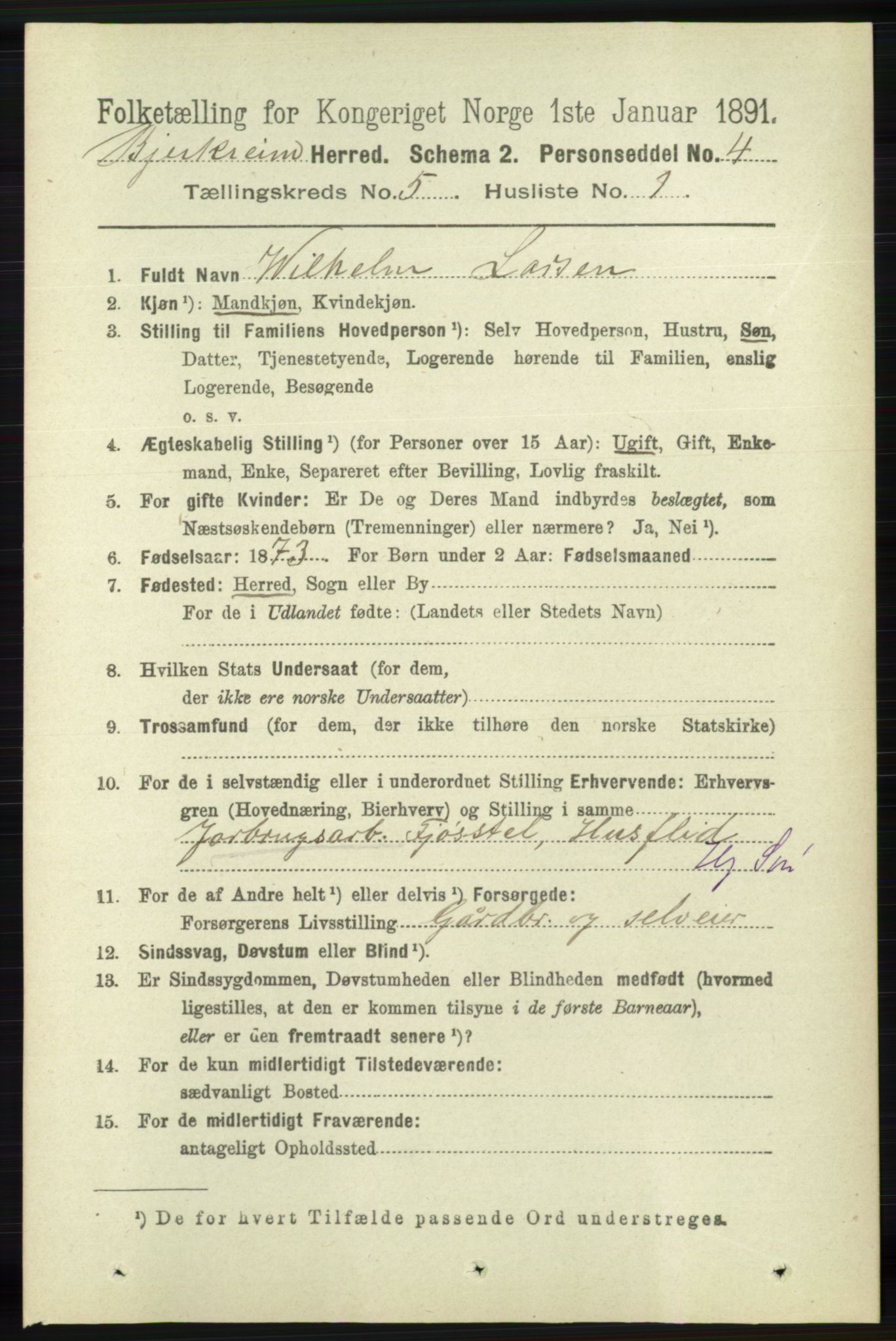 RA, 1891 census for 1114 Bjerkreim, 1891, p. 1697