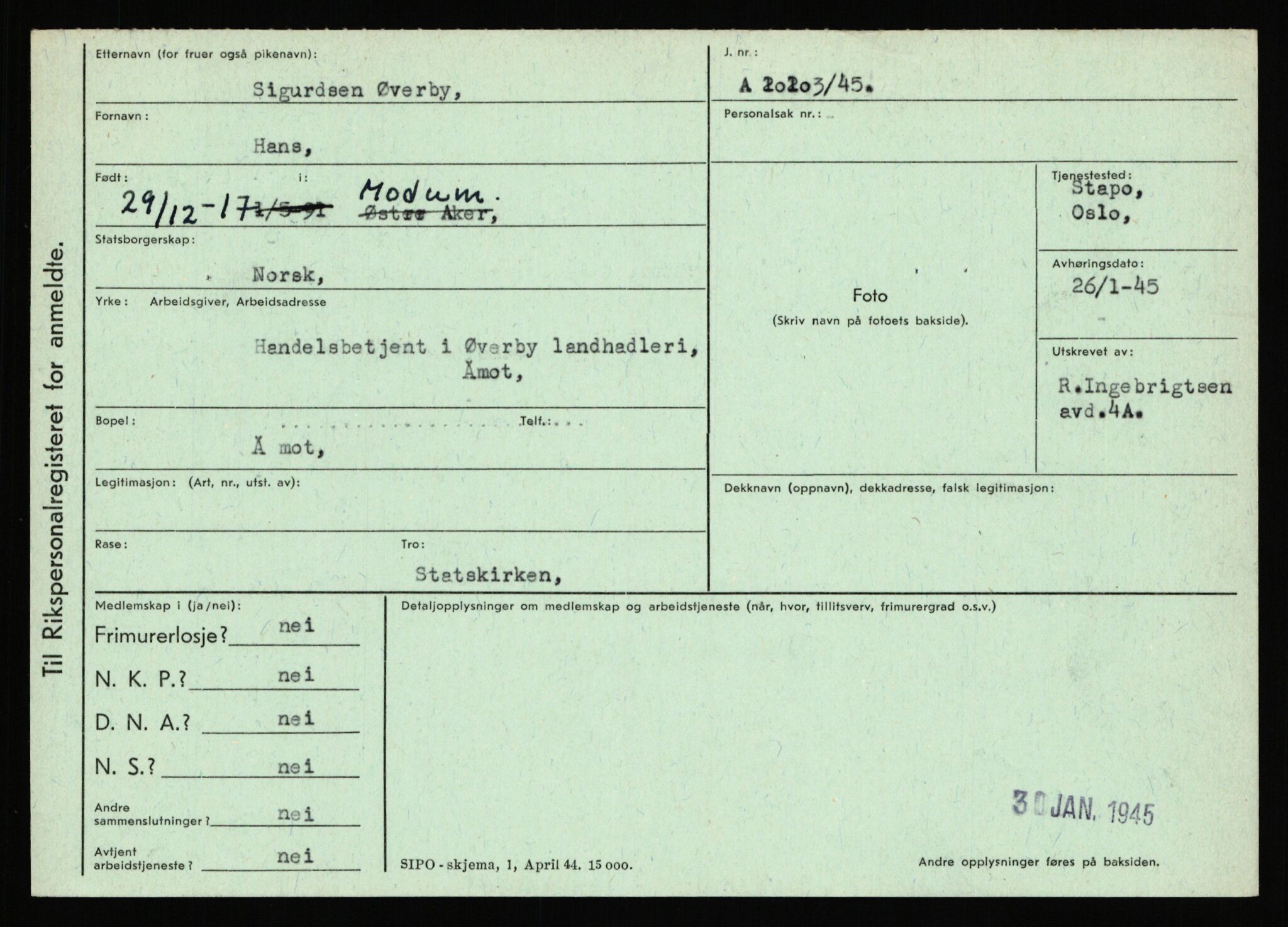 Statspolitiet - Hovedkontoret / Osloavdelingen, AV/RA-S-1329/C/Ca/L0016: Uberg - Øystese, 1943-1945, p. 4040