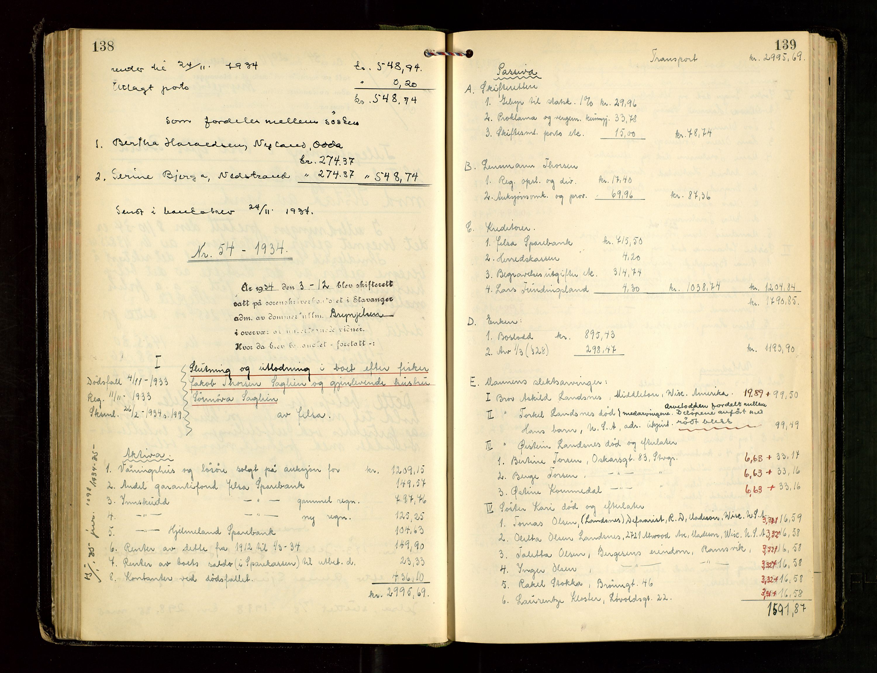 Ryfylke tingrett, AV/SAST-A-100055/001/IV/IVG/L0008: Skifteutlodningsprotokoll Med register, 1933-1939, p. 138-139