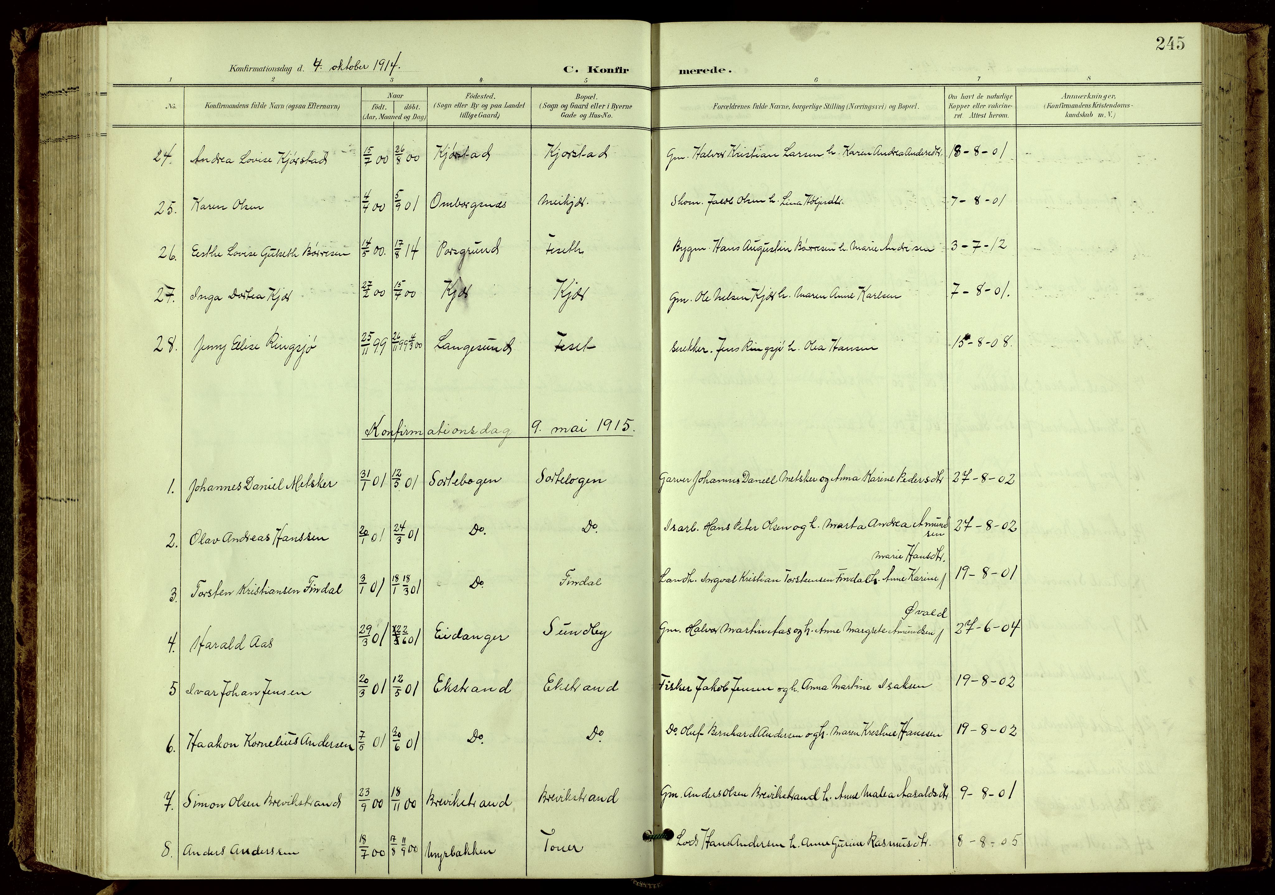Bamble kirkebøker, SAKO/A-253/G/Ga/L0010: Parish register (copy) no. I 10, 1901-1919, p. 245