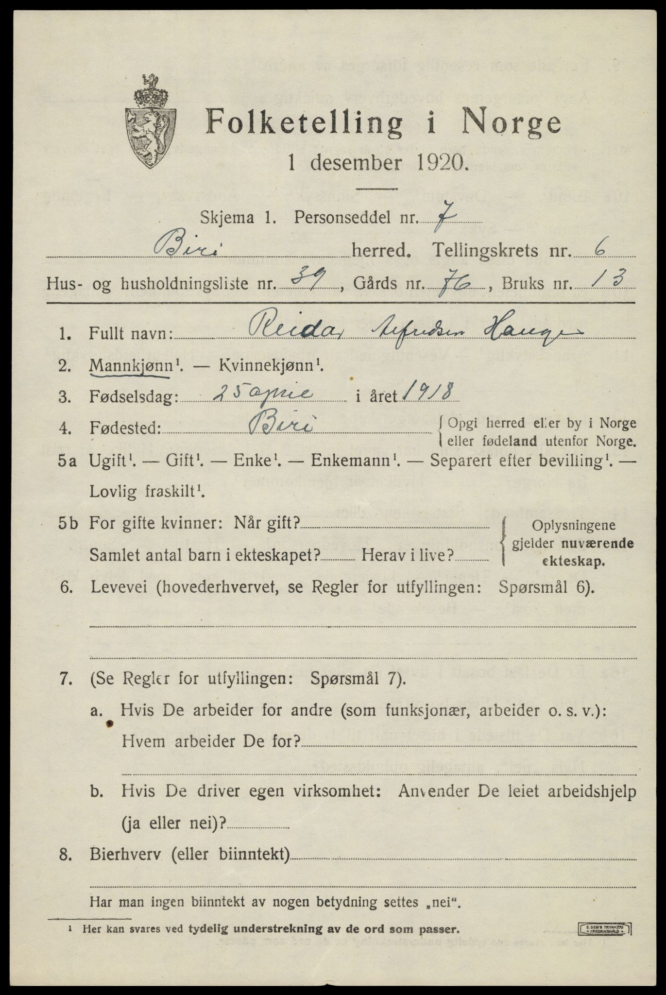 SAH, 1920 census for Biri, 1920, p. 5879