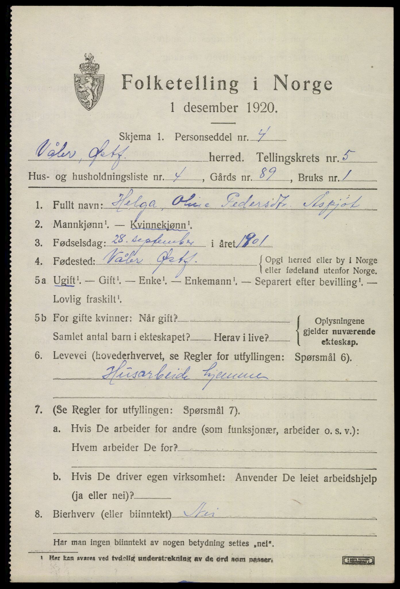 SAO, 1920 census for Våler, 1920, p. 2710