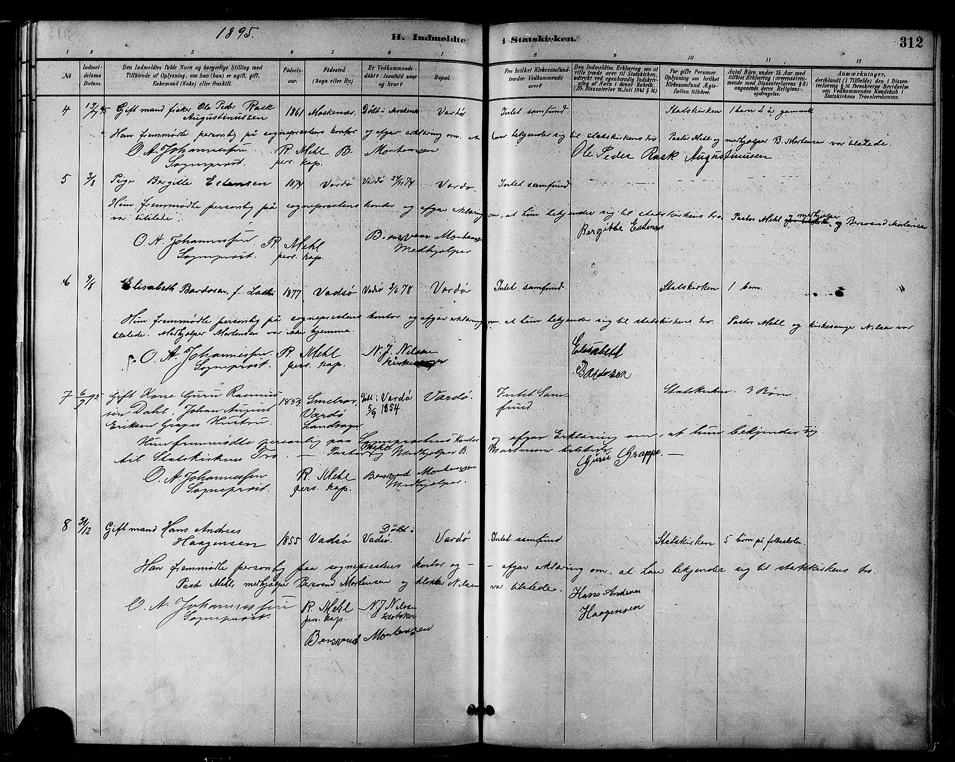 Vardø sokneprestkontor, SATØ/S-1332/H/Ha/L0007kirke: Parish register (official) no. 7, 1886-1897, p. 312