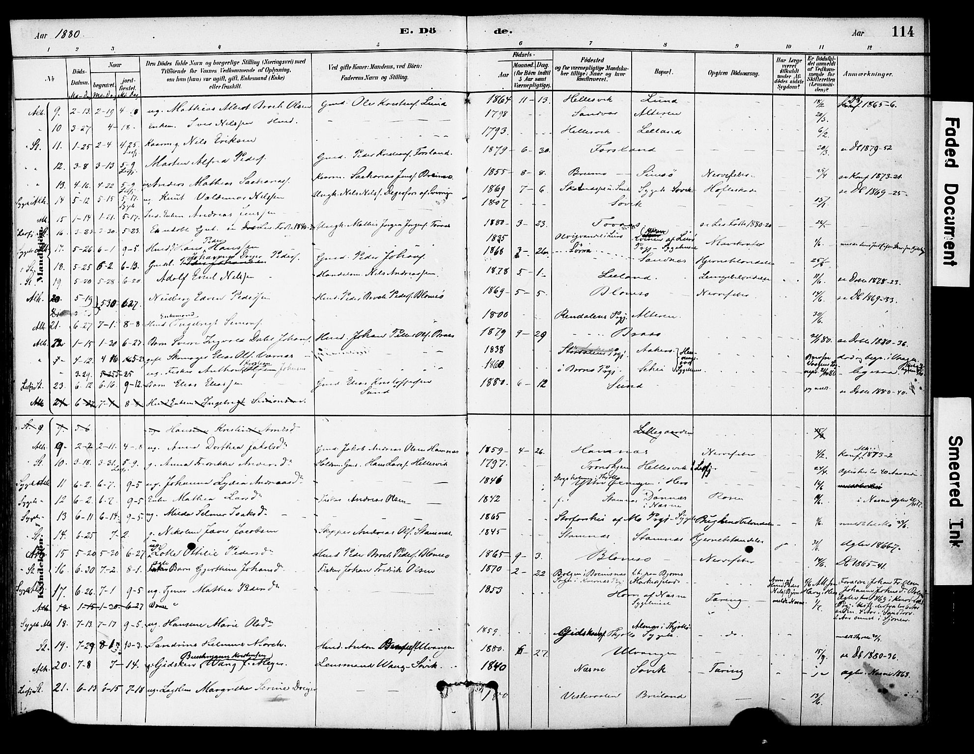 Ministerialprotokoller, klokkerbøker og fødselsregistre - Nordland, AV/SAT-A-1459/830/L0450: Parish register (official) no. 830A14, 1879-1896, p. 114