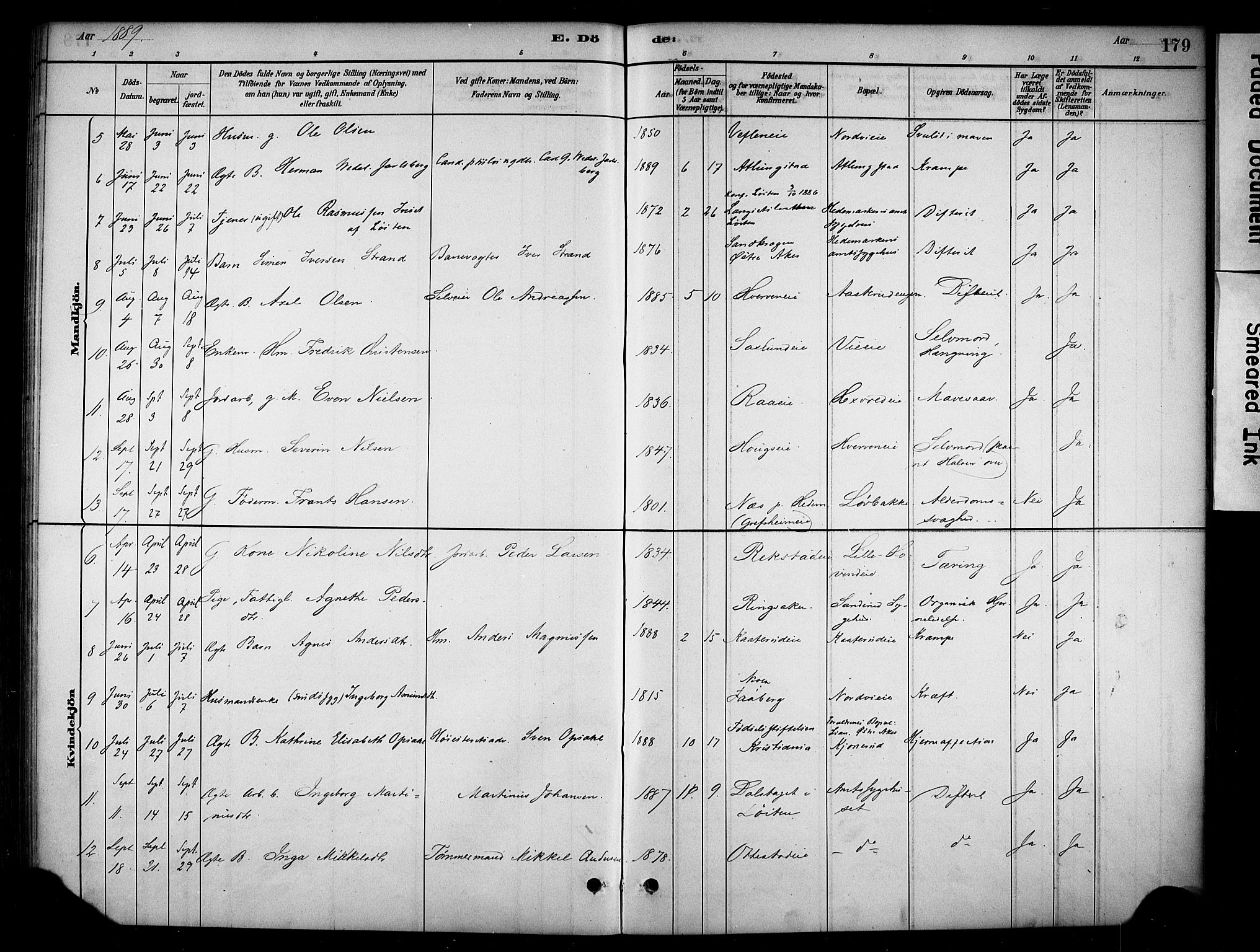 Stange prestekontor, SAH/PREST-002/K/L0019: Parish register (official) no. 19, 1880-1891, p. 179